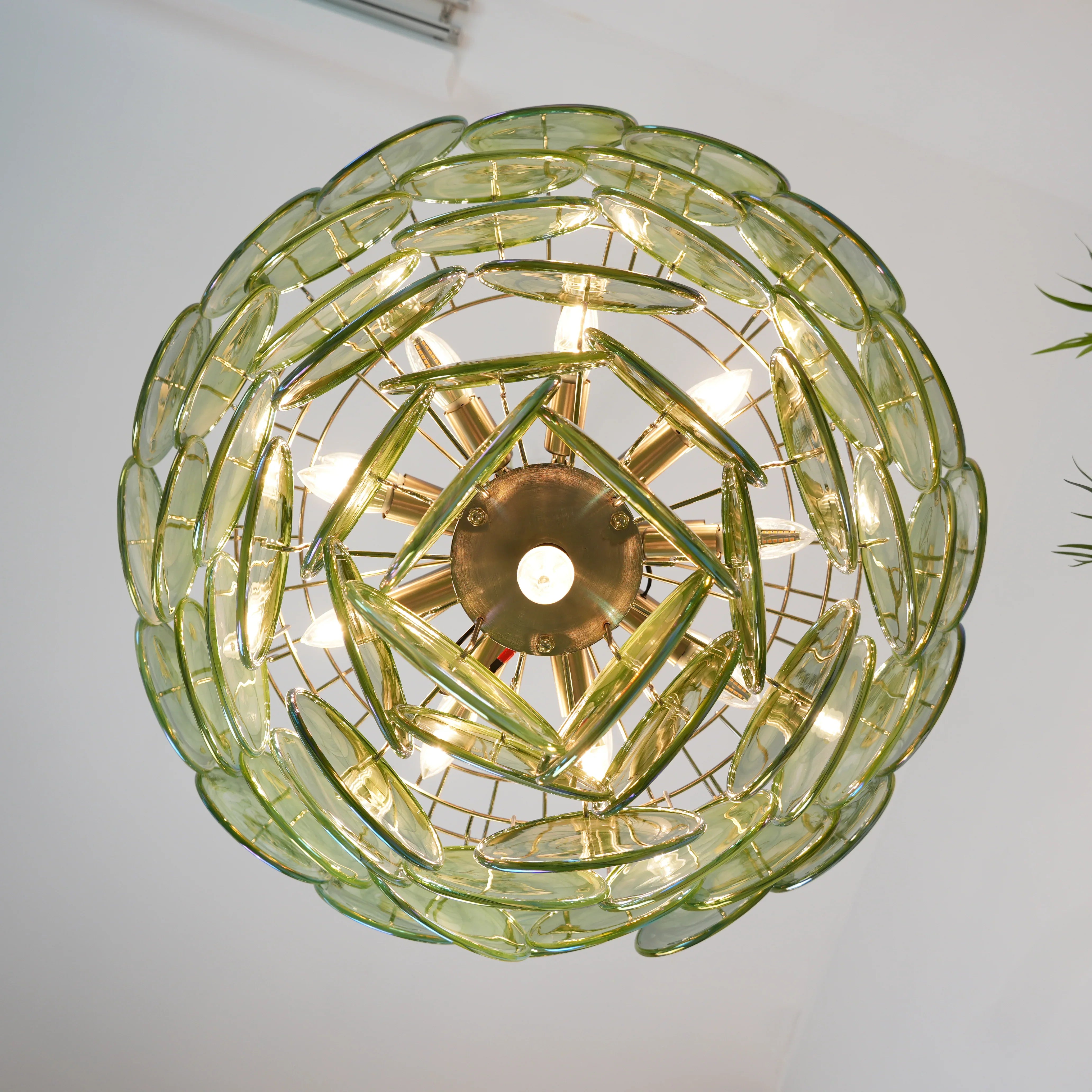 Elegant Green Murano Iridescent Disc Chandelier 27.6"