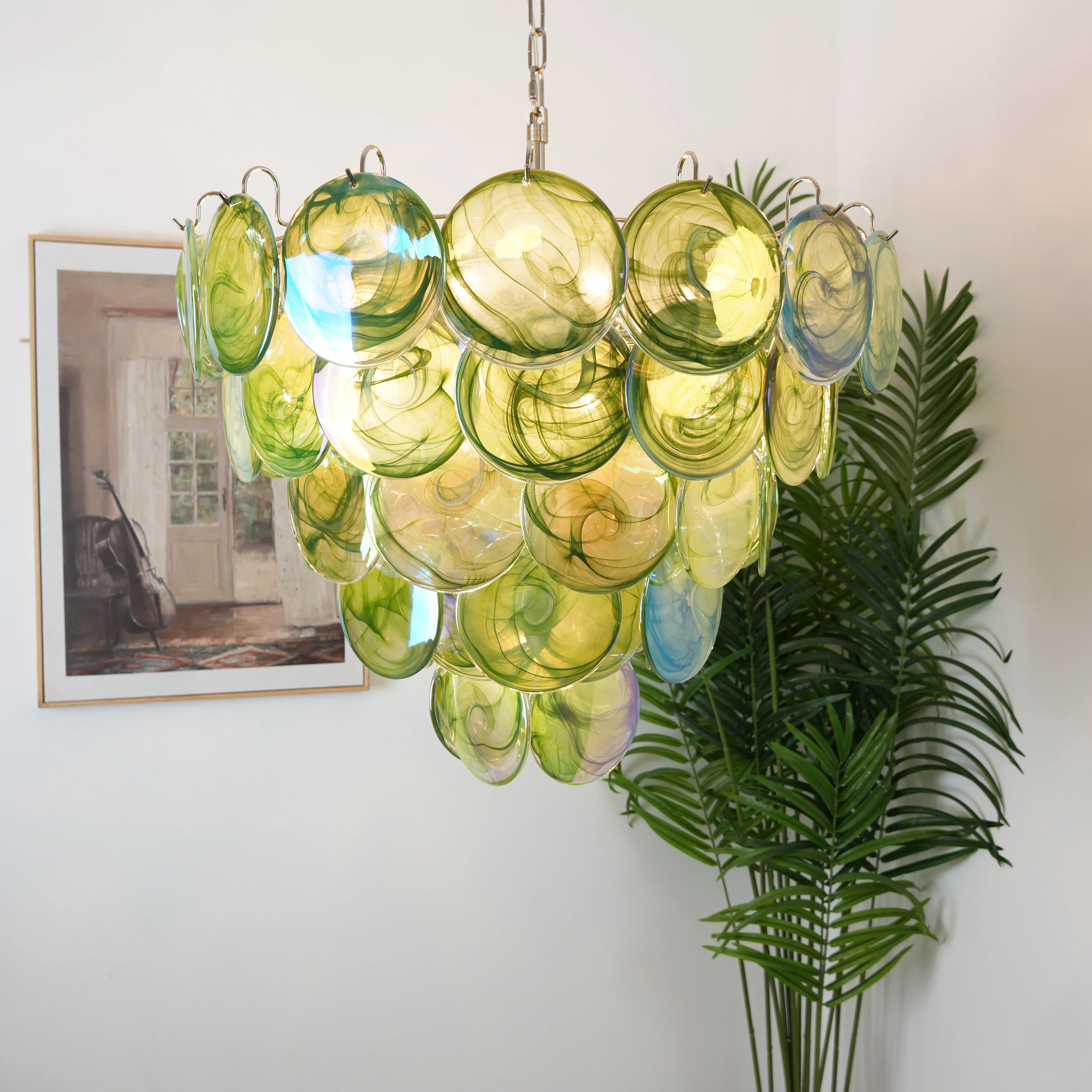 Elegant Green Murano Iridescent Disc Chandelier 27.6"
