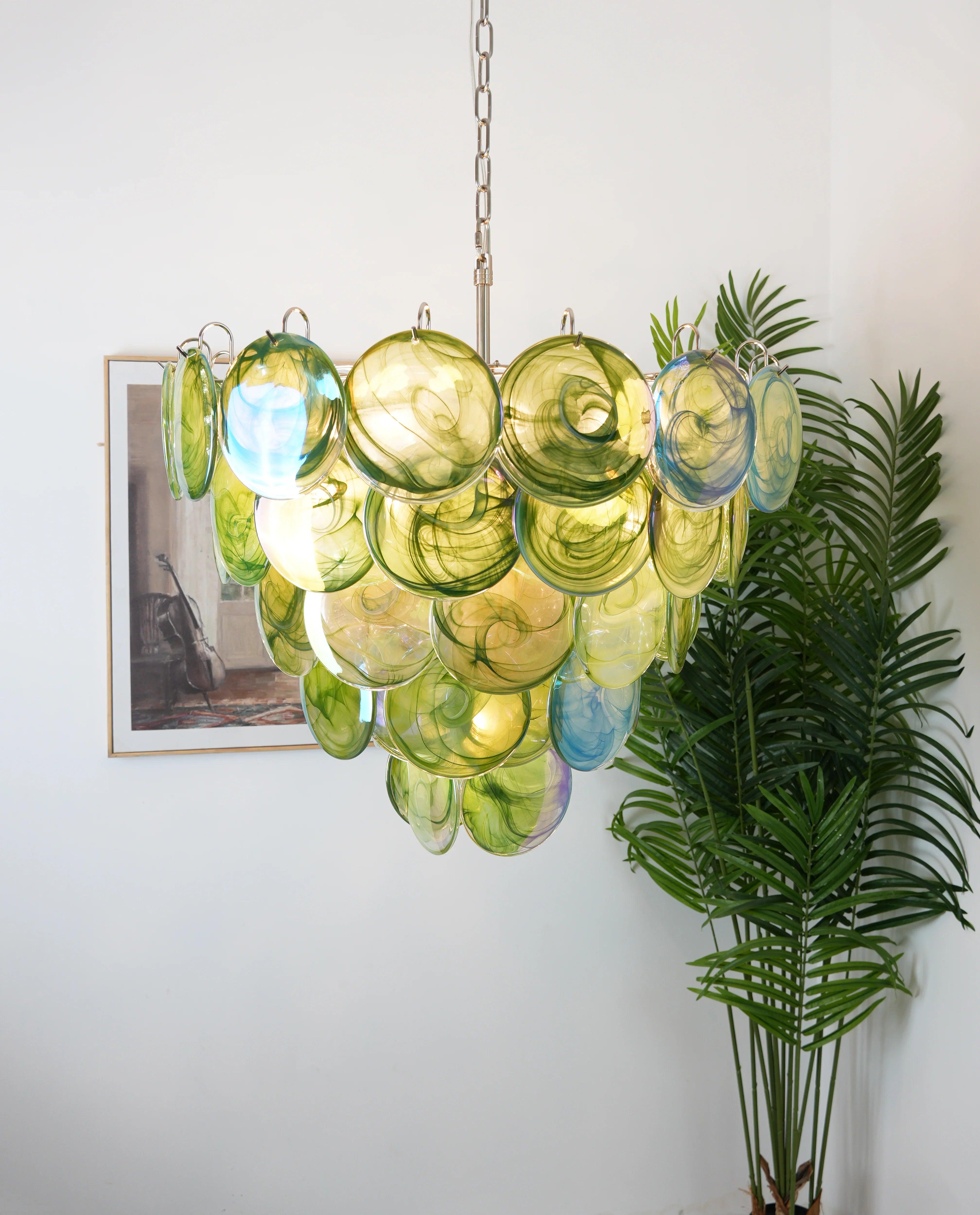 Elegant Green Murano Iridescent Disc Chandelier 27.6"