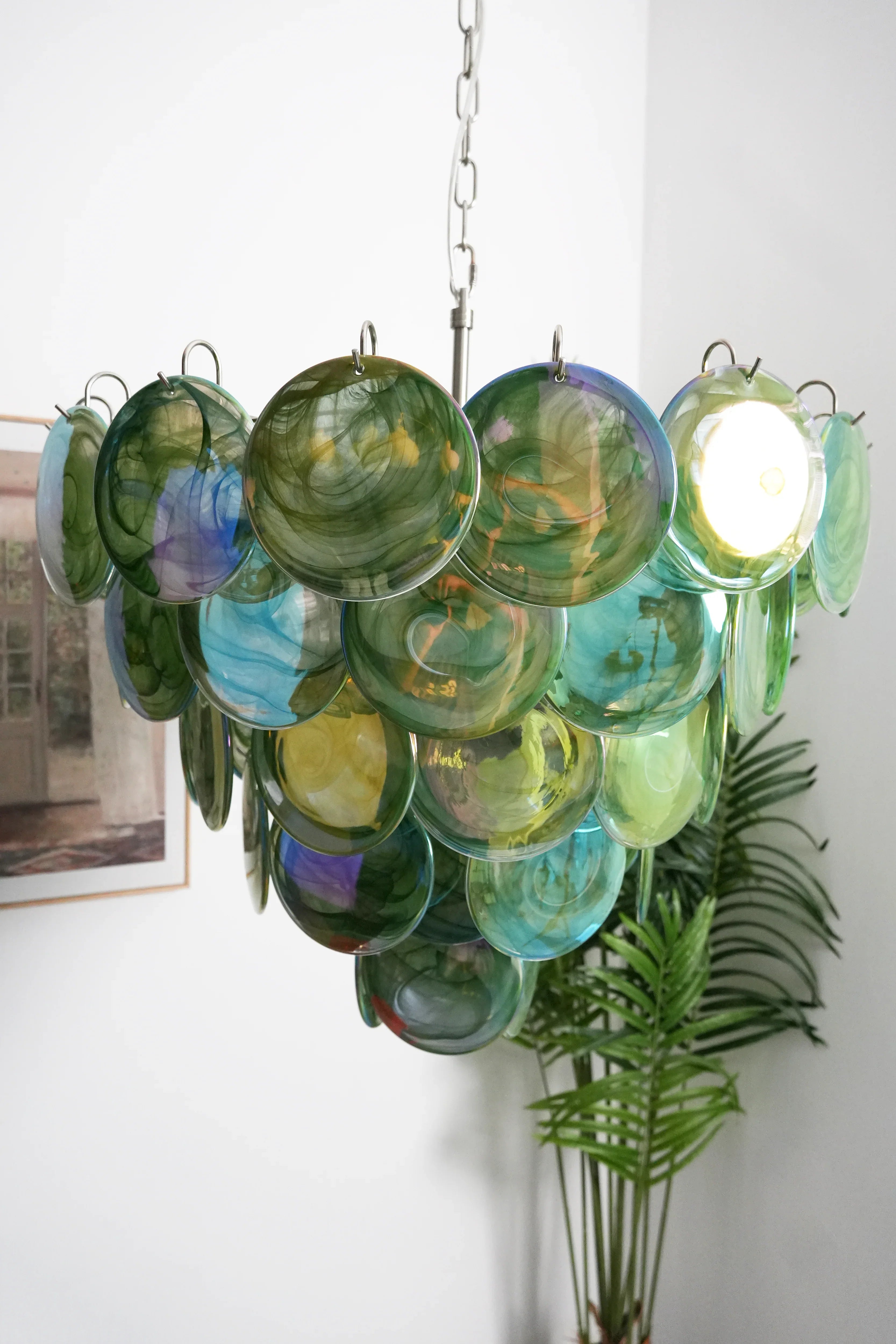 Elegant Green Murano Iridescent Disc Chandelier 27.6"