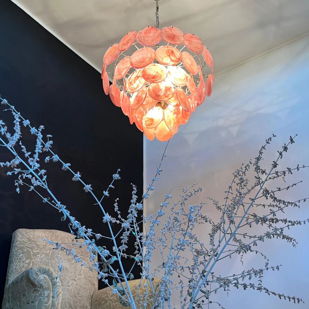 Elegant Pink Murano Iridescent Disc Chandelier