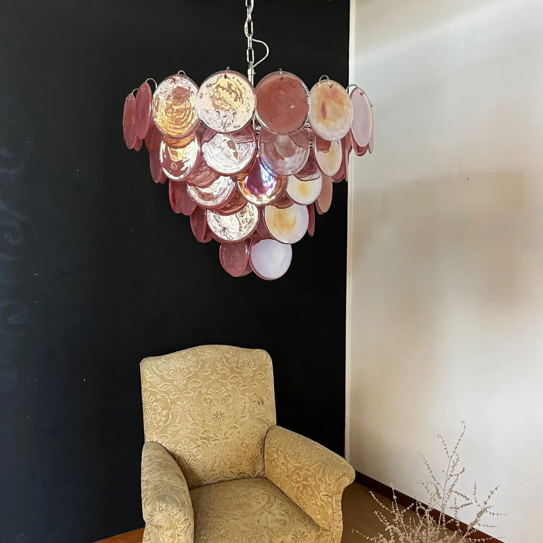 Elegant Pink Murano Iridescent Disc Chandelier
