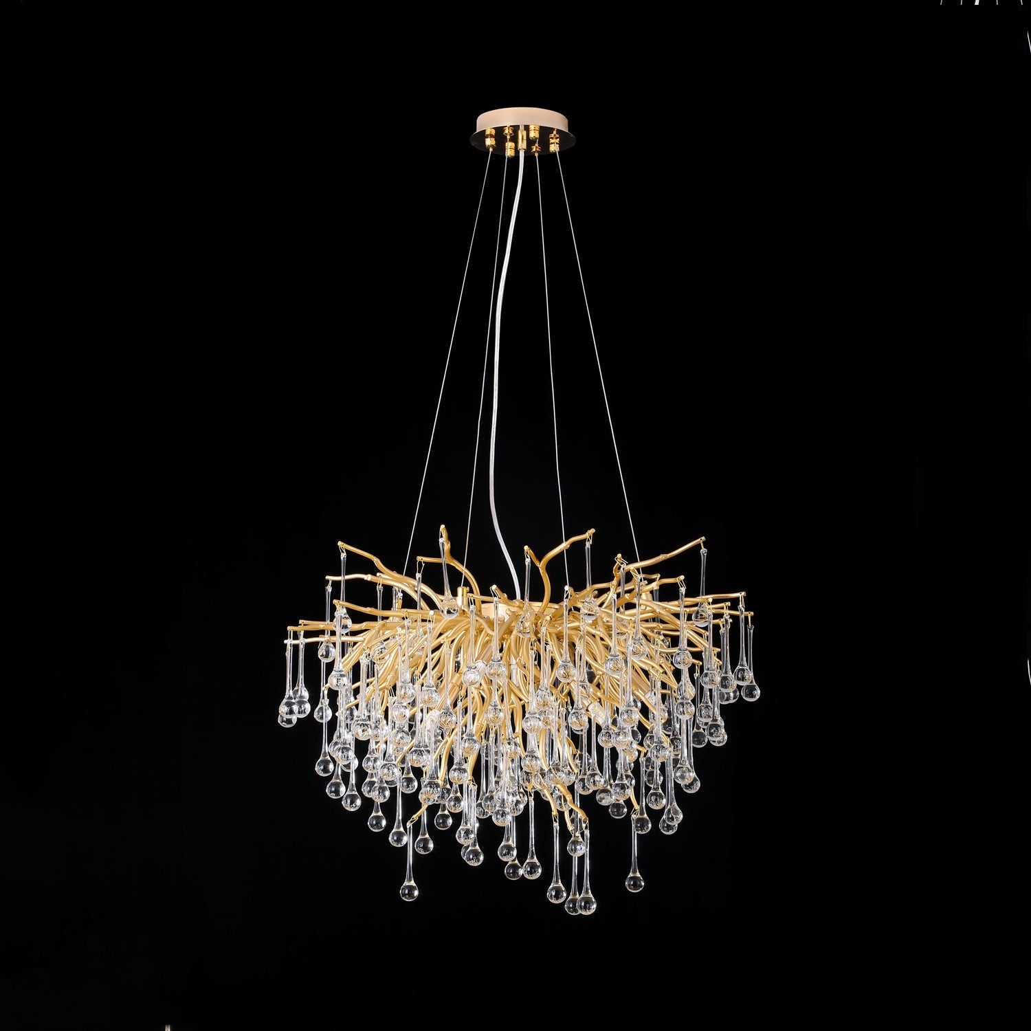 Crystal Droplet Gold Branch Chandelier,Gold 23.62"