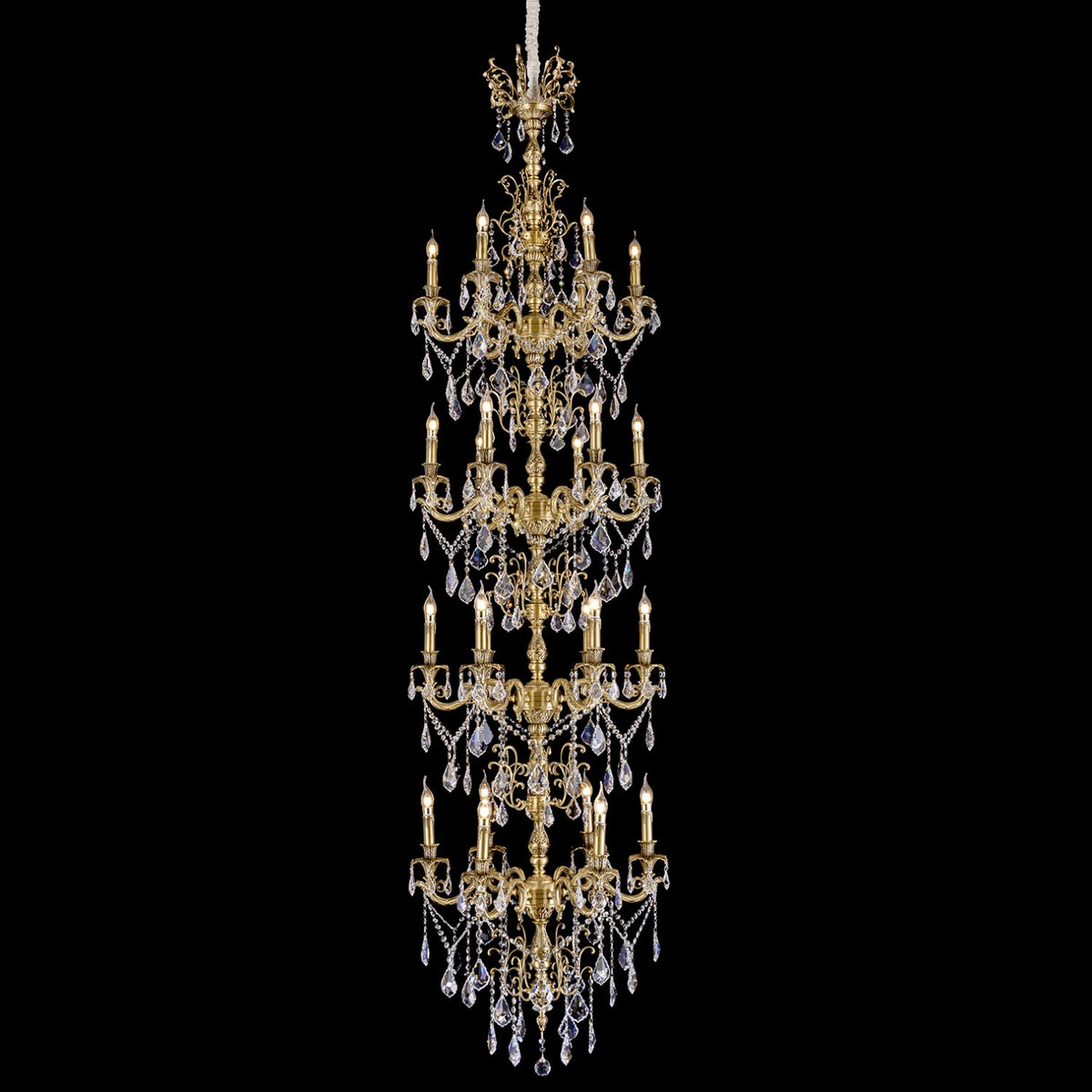 long brass chandelier for stairwell