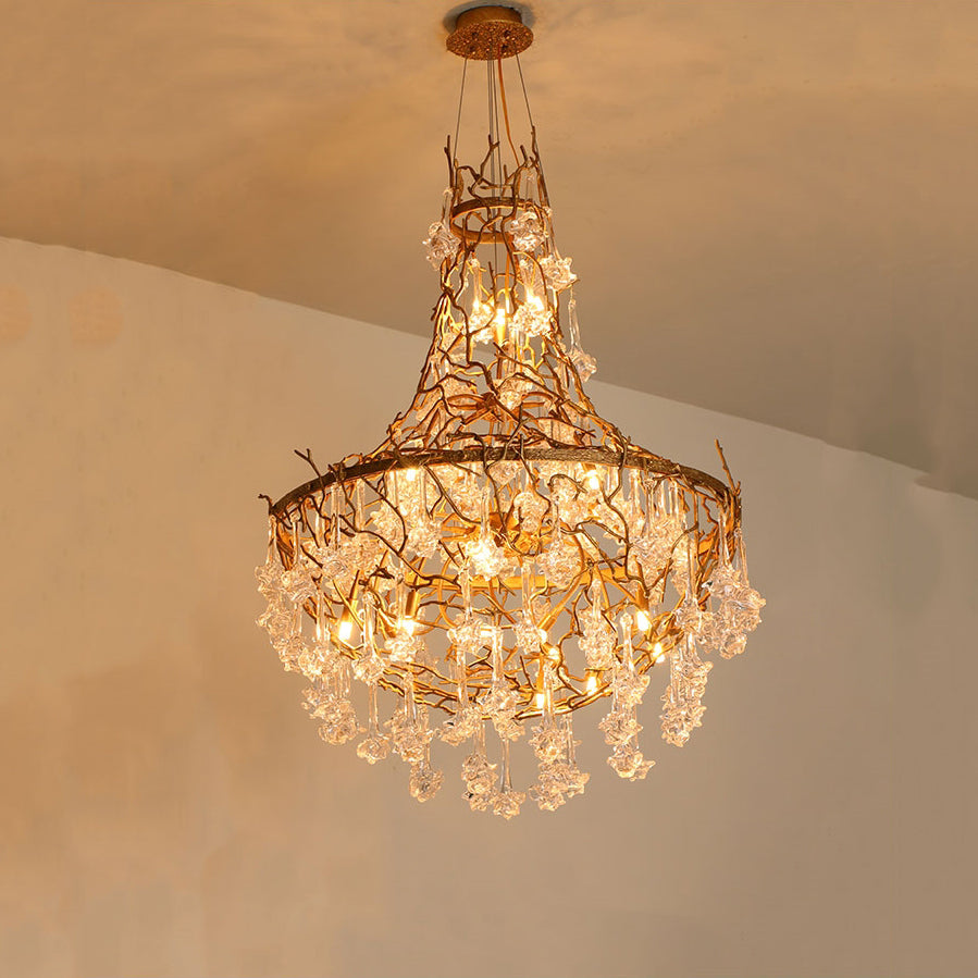 Crystal Drop Brass Branch Chandelier 31.4"D