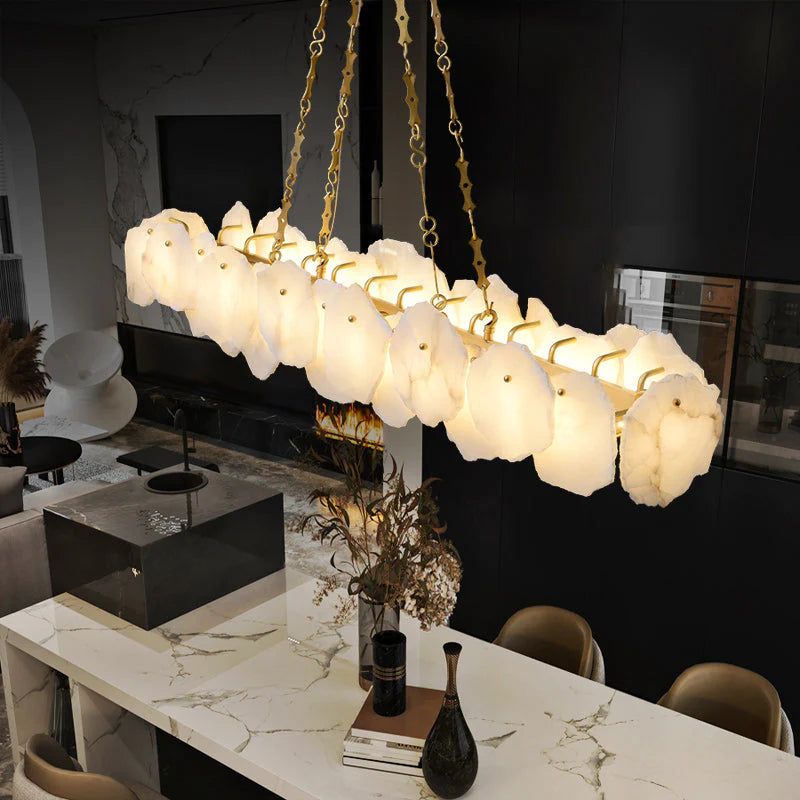 Glow Alabaster Moira Marble Modern Snowflake Linear Chandelier with Chain