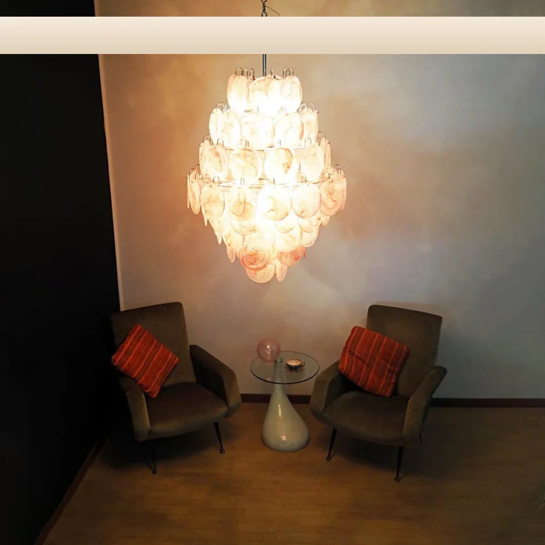 Huge Vintage Murano Pink Disks Chandelier 29.5"