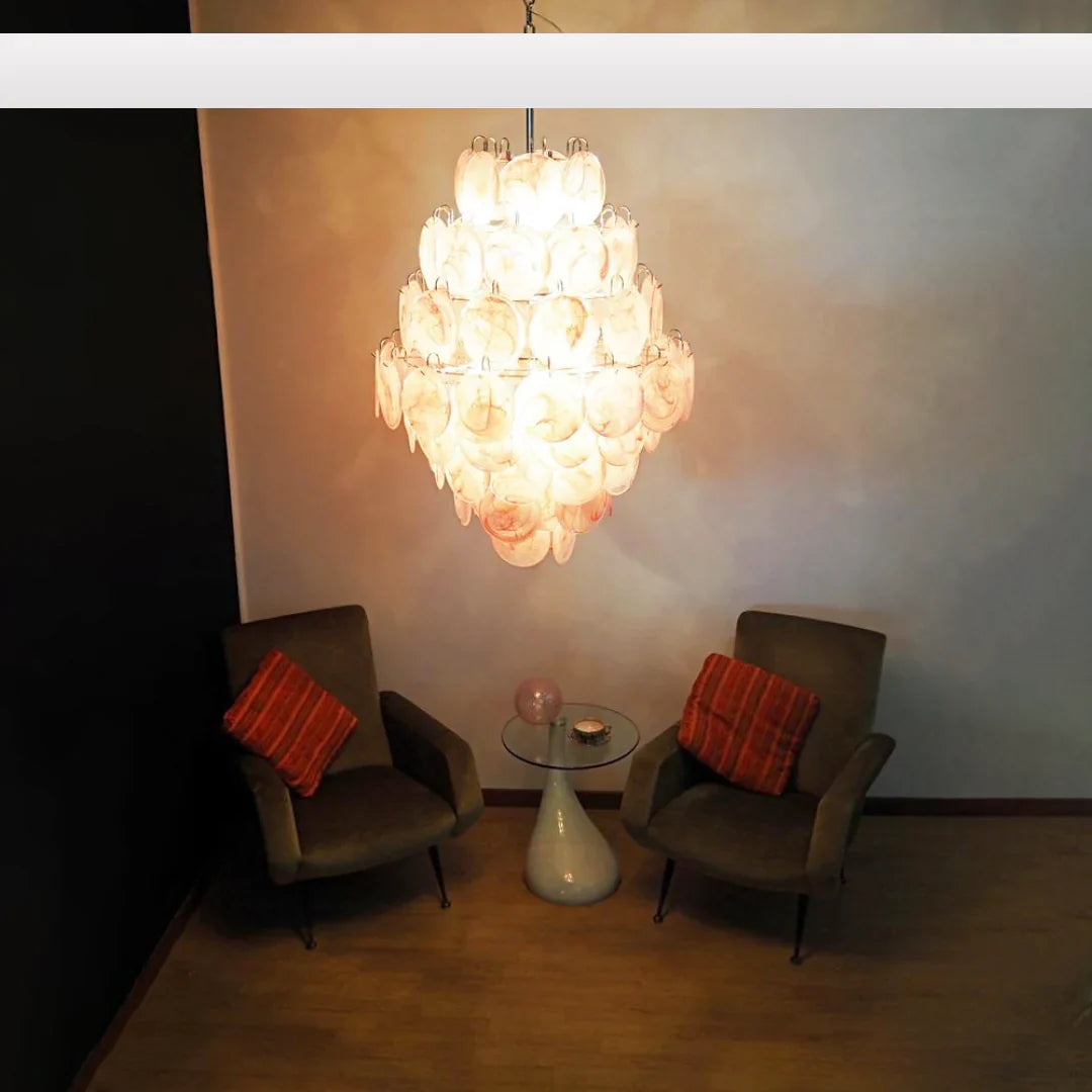 Huge Vintage Murano Pink Disks Chandelier 29.5"