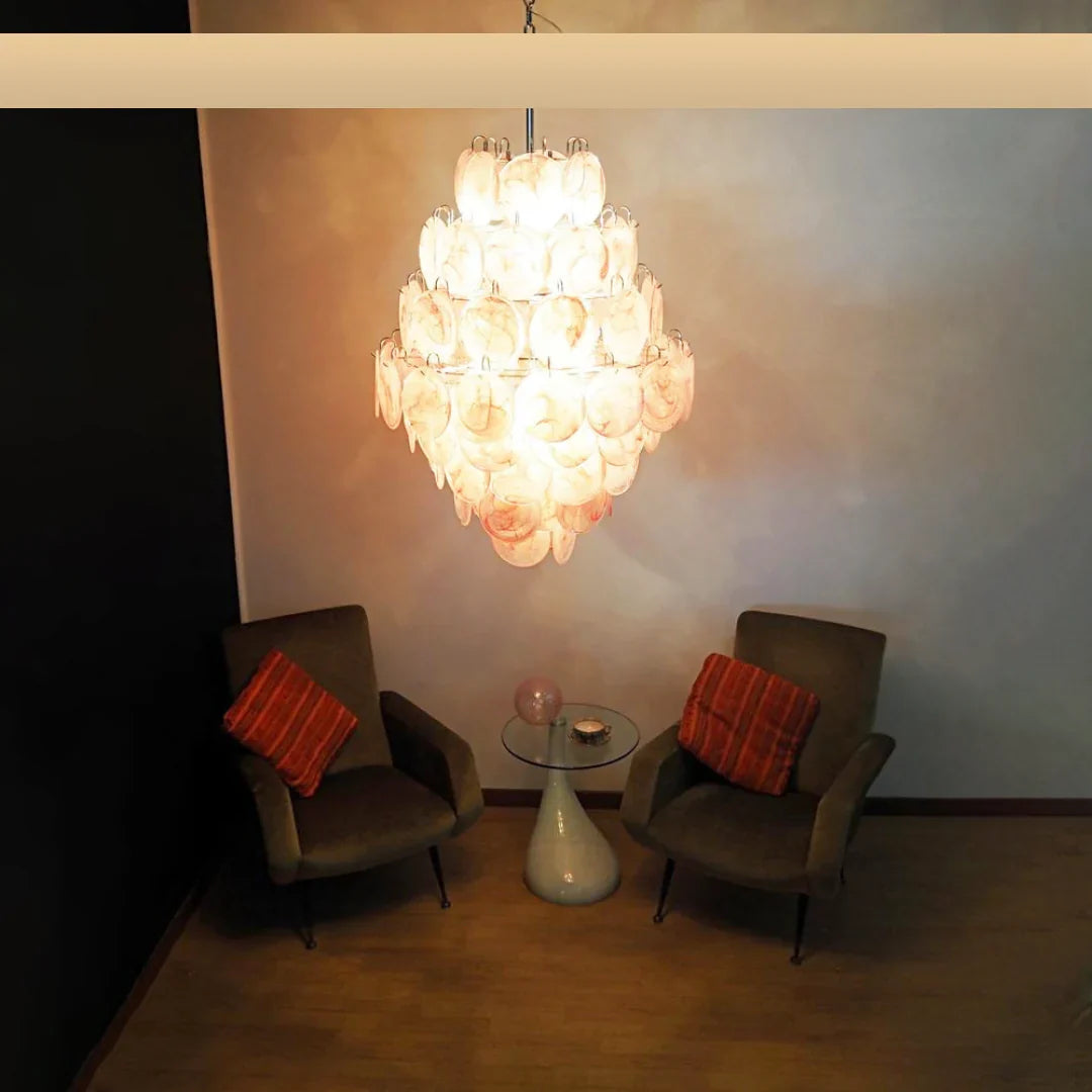 Huge Vintage Murano Pink Disks Chandelier 29.5"