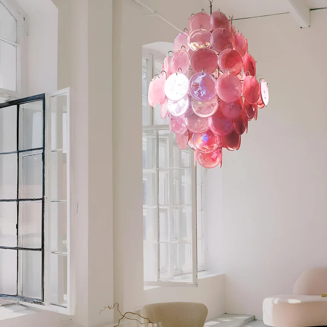 Huge Vintage Murano Pink Disks Chandelier 29.5"
