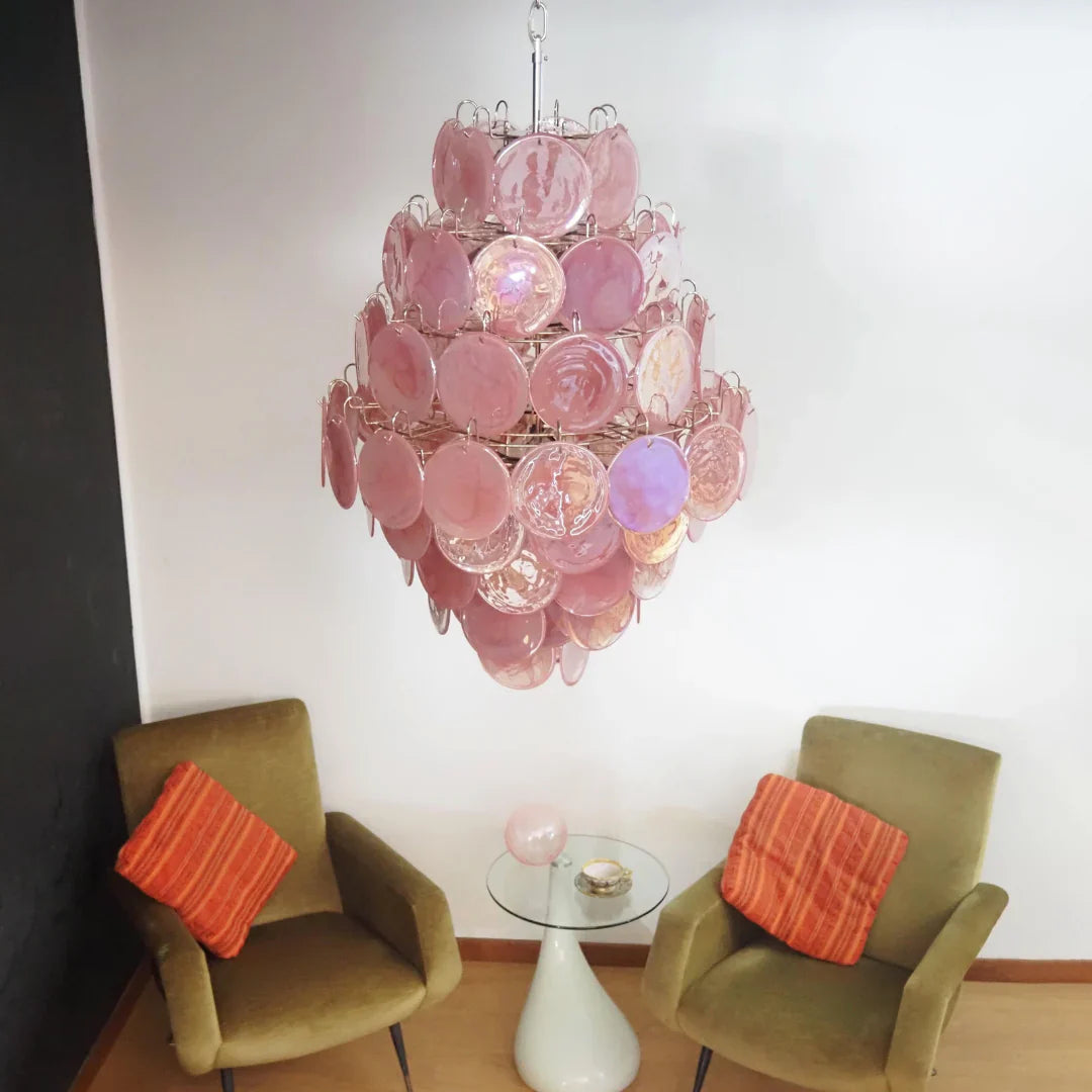 Huge Vintage Murano Pink Disks Chandelier 29.5"
