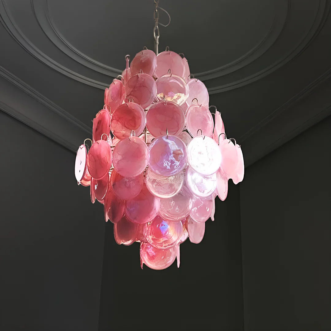 Huge Vintage Murano Pink Disks Chandelier 29.5"