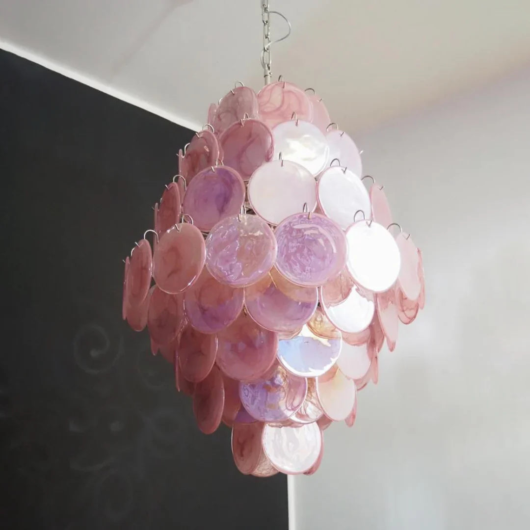 Huge Vintage Murano Pink Disks Chandelier 29.5"