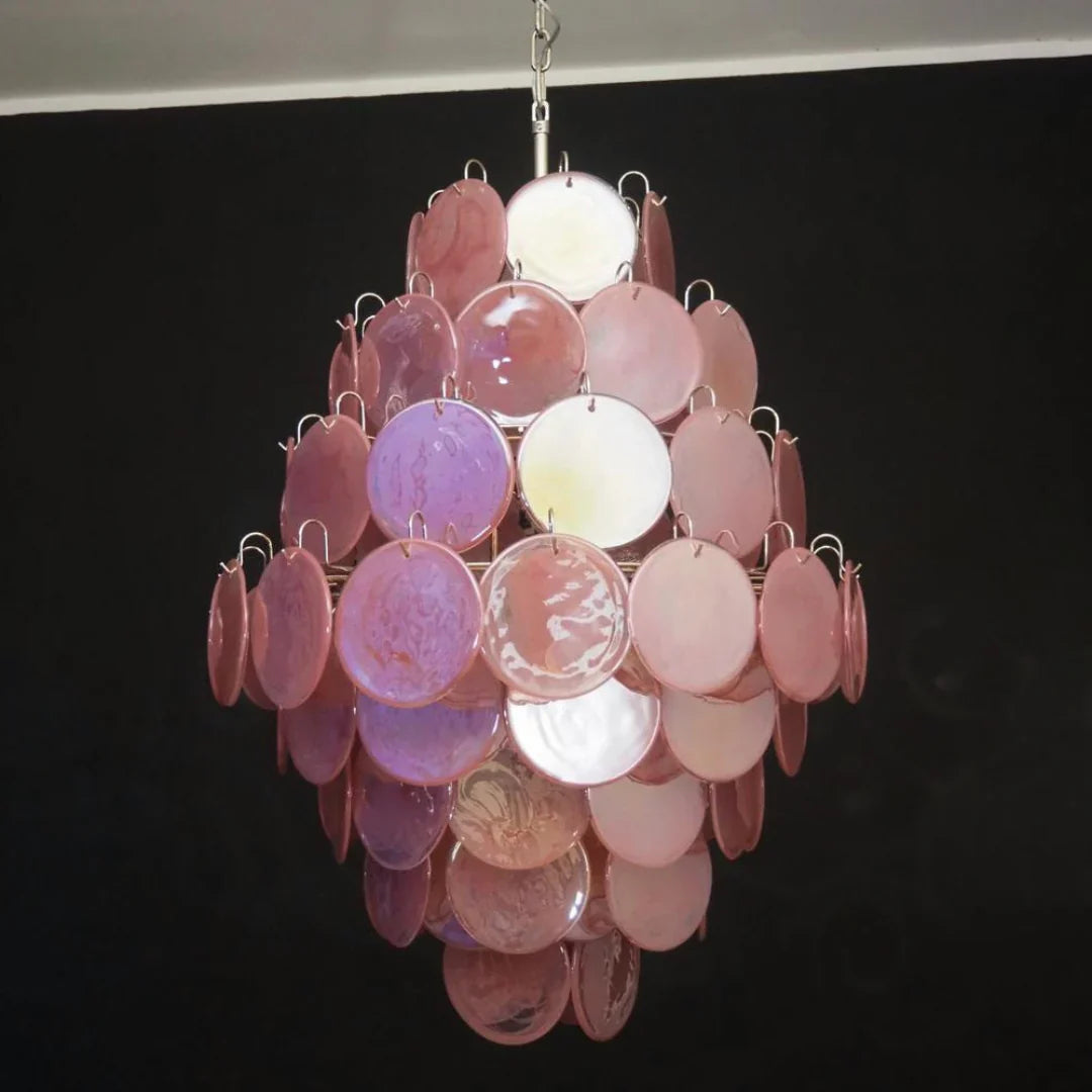 Huge Vintage Murano Pink Disks Chandelier 29.5"