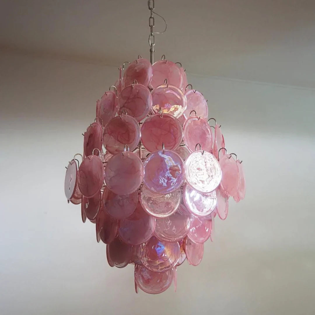 Huge Vintage Murano Pink Disks Chandelier 29.5"