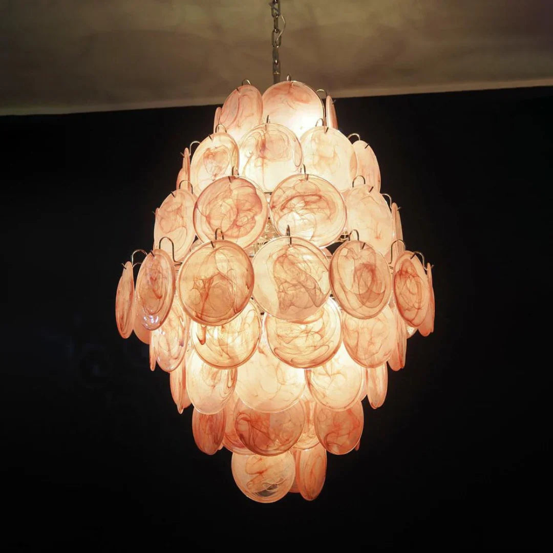 Huge Vintage Murano Pink Disks Chandelier 29.5"