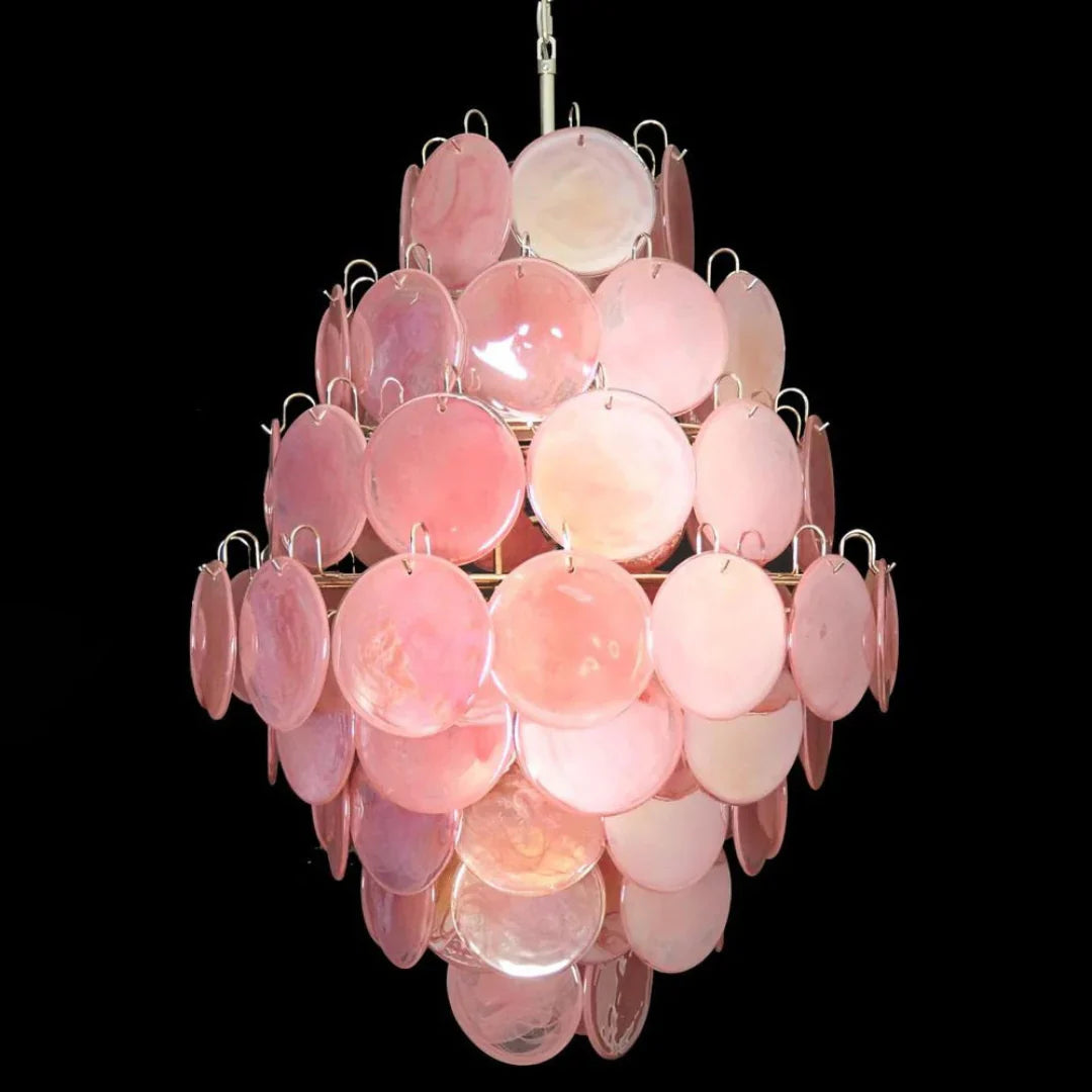 Huge Vintage Murano Pink Disks Chandelier 29.5"