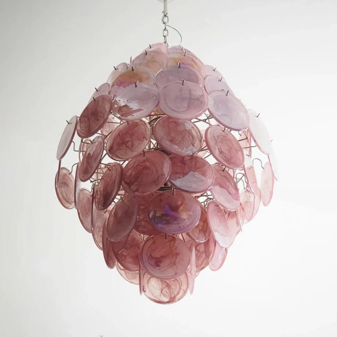 Huge Vintage Murano Pink Disks Chandelier 29.5"
