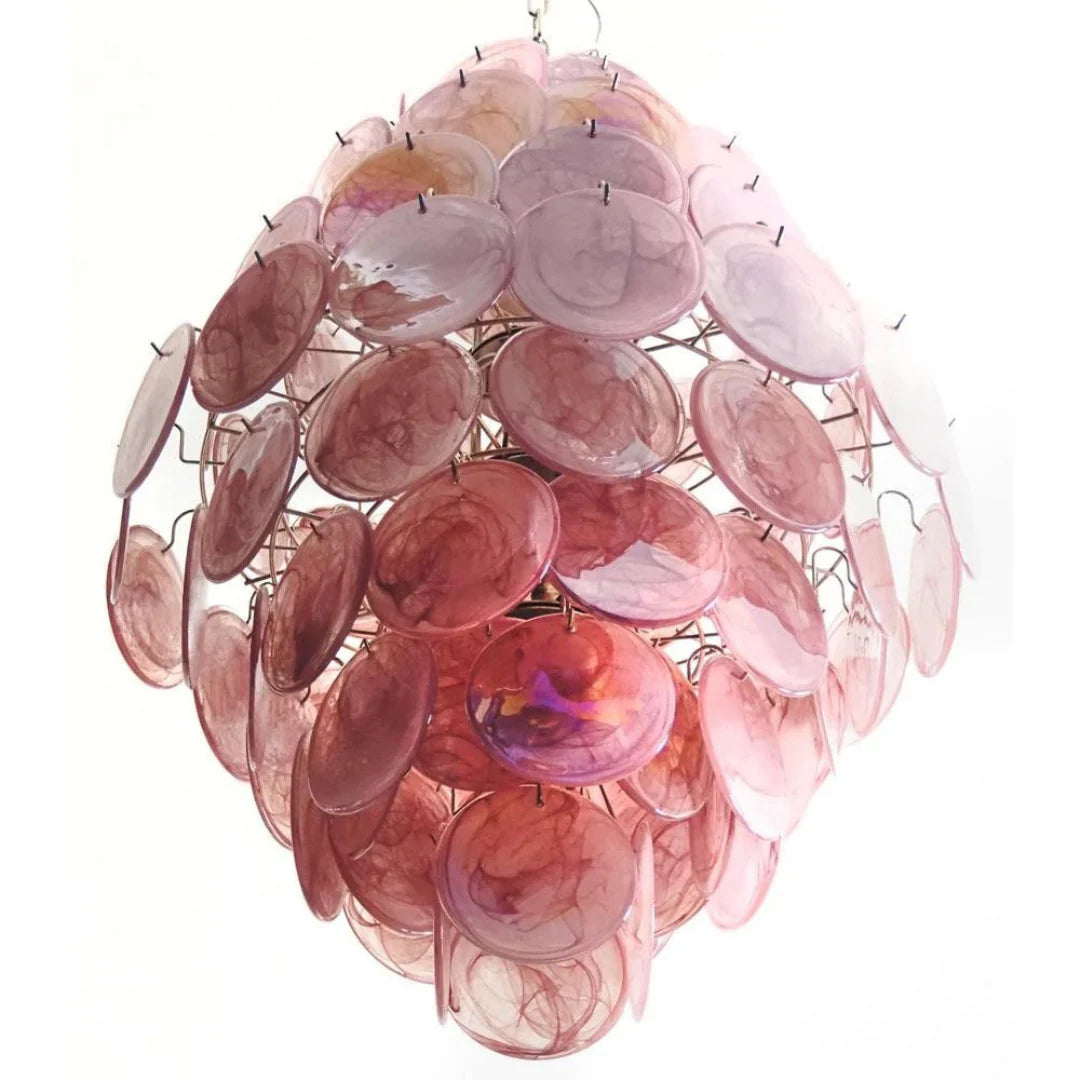 Huge Vintage Murano Pink Disks Chandelier 29.5"