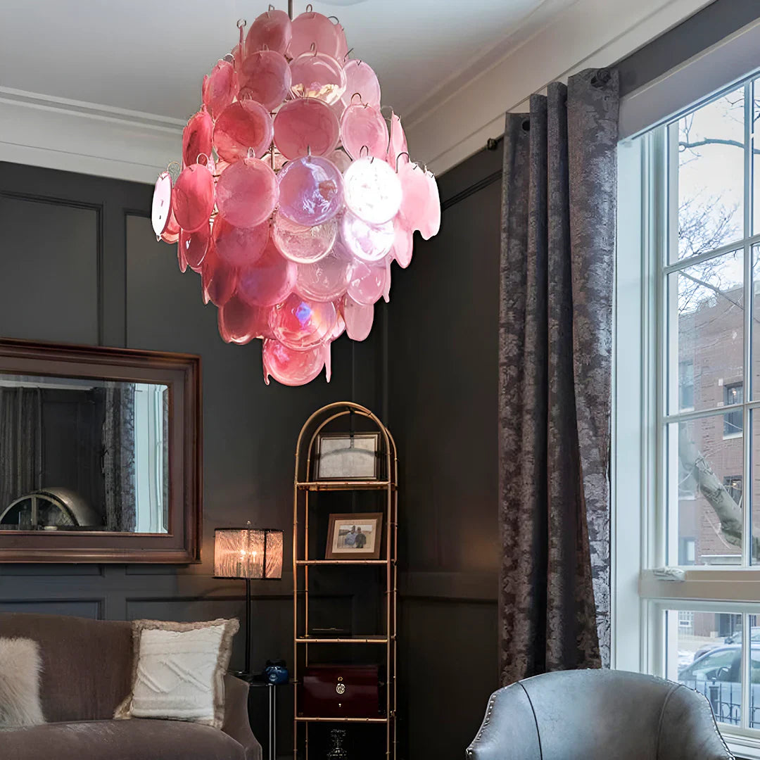 Huge Vintage Murano Pink Disks Chandelier 29.5"