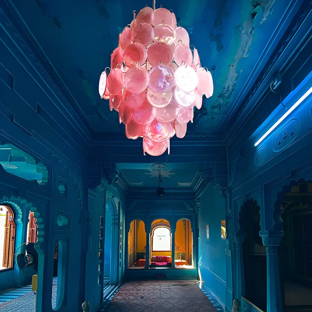 Huge Vintage Murano Pink Disks Chandelier 29.5"