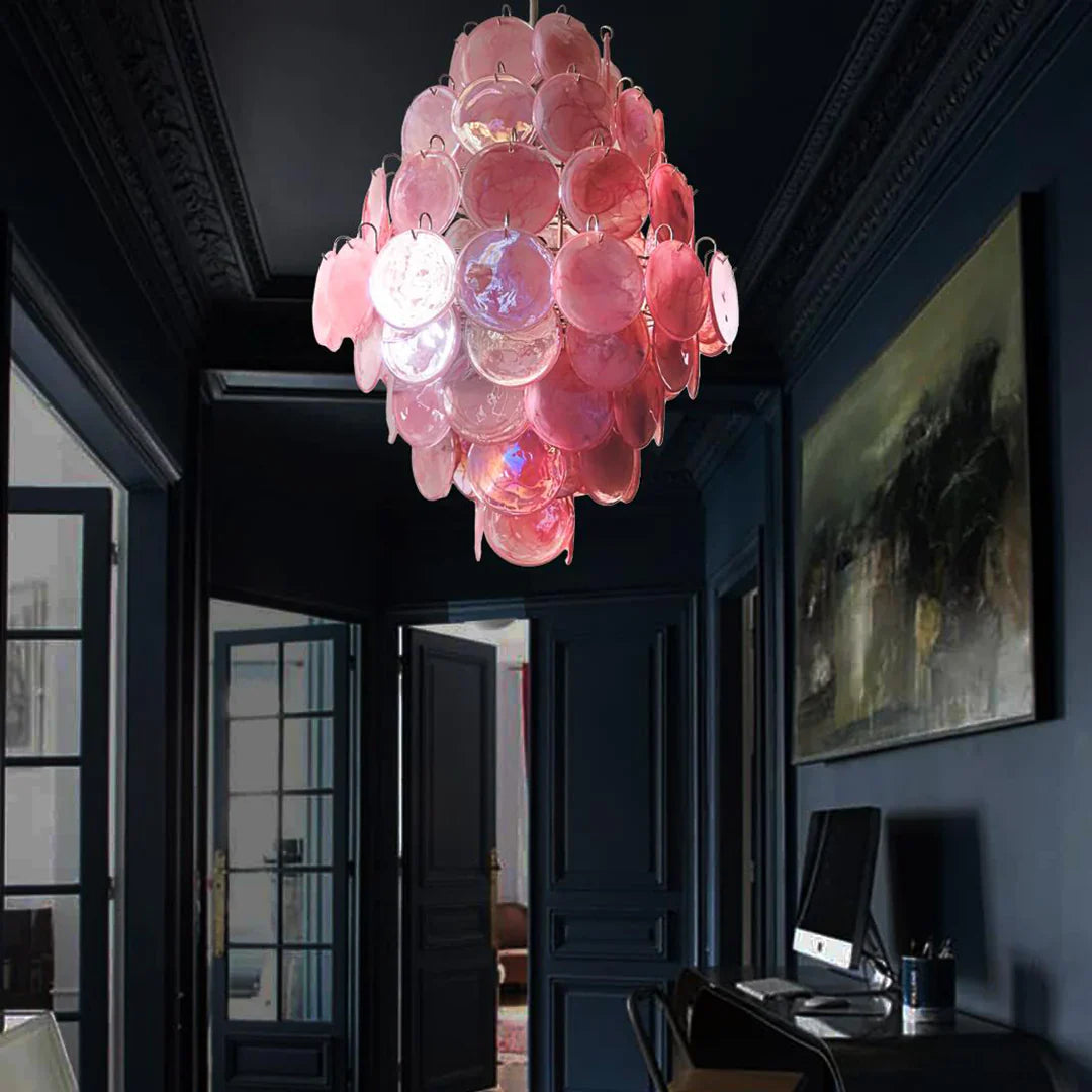 Huge Vintage Murano Pink Disks Chandelier 29.5"