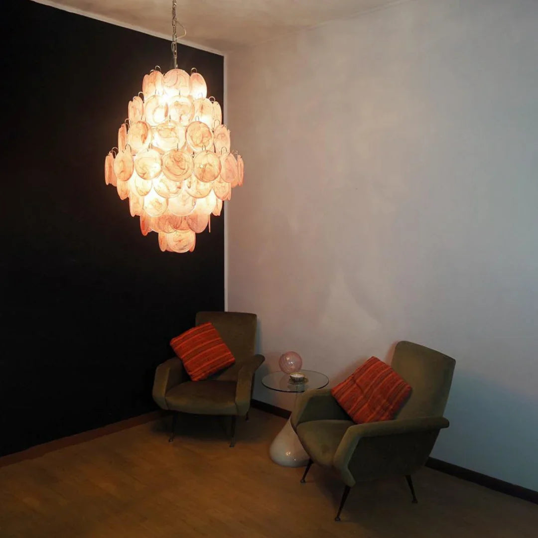 Huge Vintage Murano Pink Disks Chandelier 29.5"