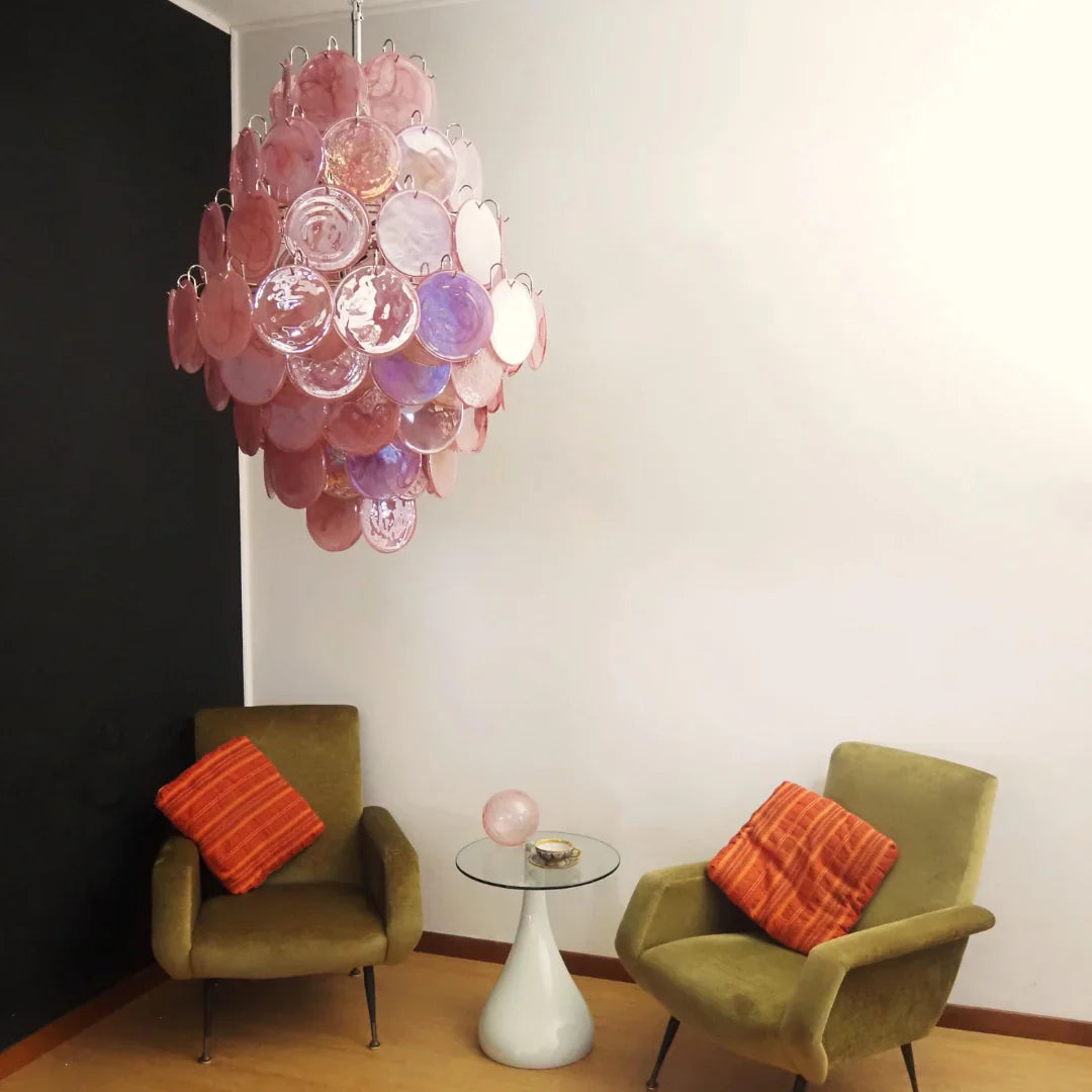 Huge Vintage Murano Pink Disks Chandelier 29.5"