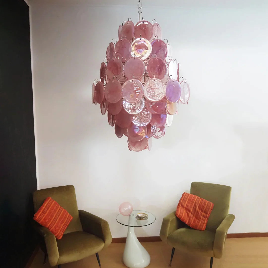 Huge Vintage Murano Pink Disks Chandelier 29.5"