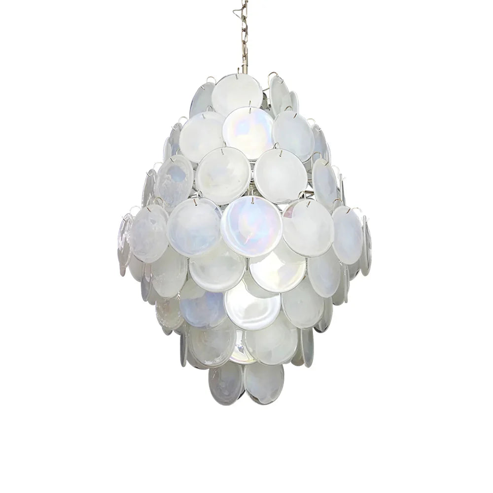 Huge Vintage Murano White Disks Chandelier 29.5"