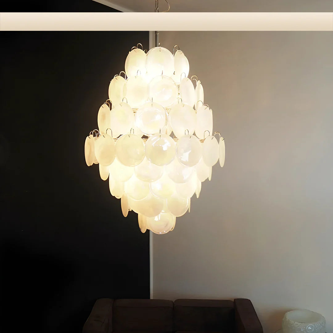 Huge Vintage Murano White Disks Chandelier 29.5"