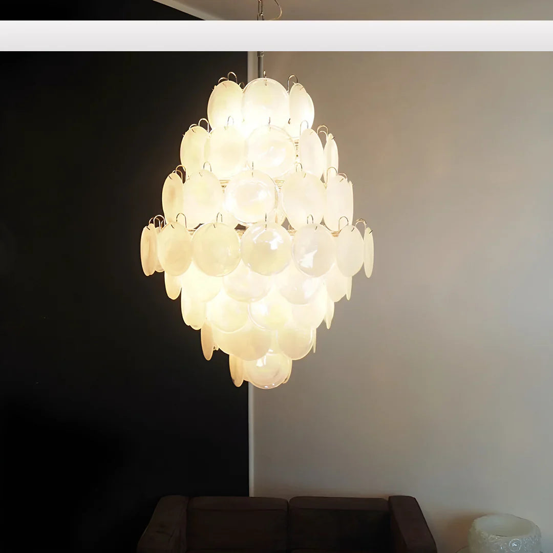 Huge Vintage Murano White Disks Chandelier 29.5"