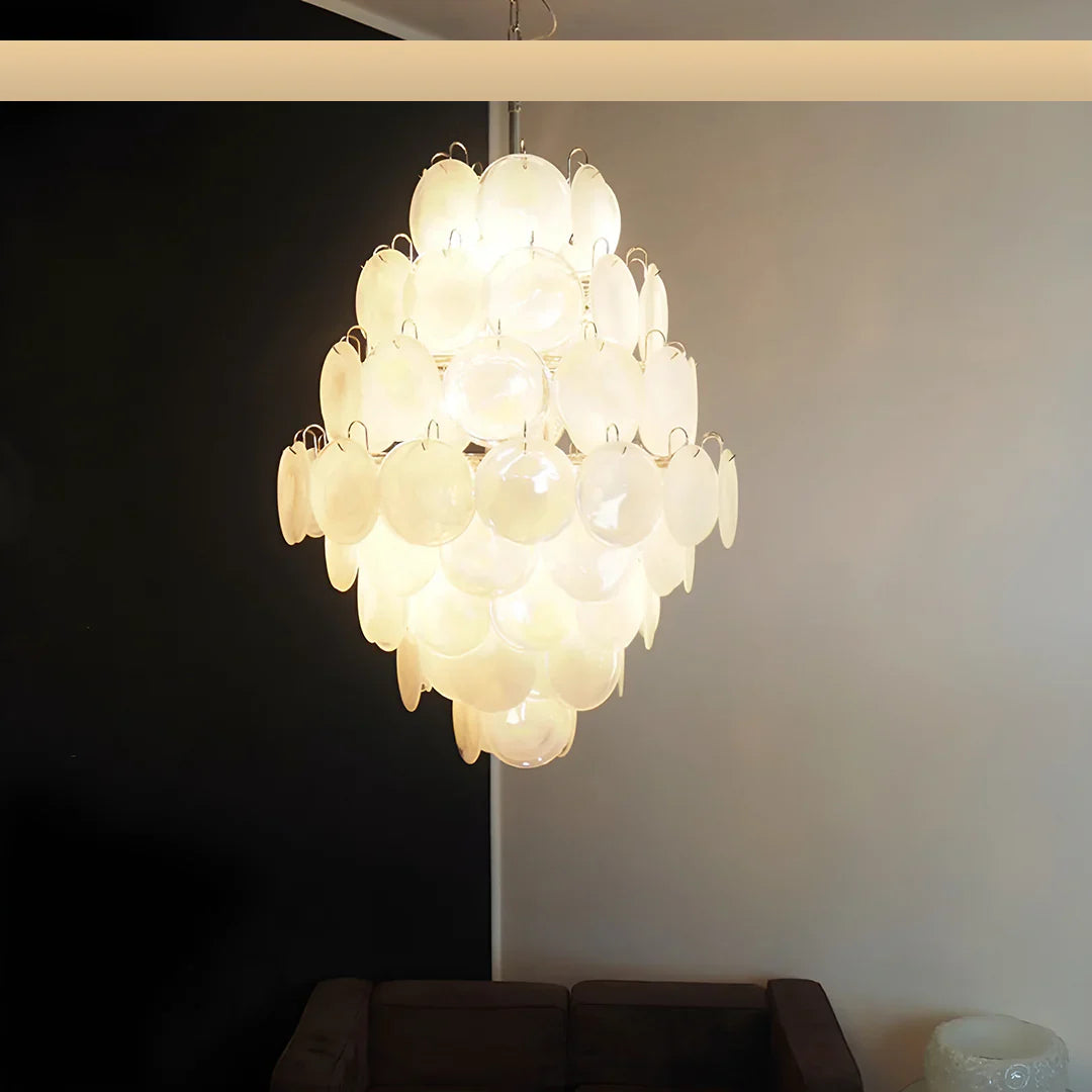 Huge Vintage Murano White Disks Chandelier 29.5"