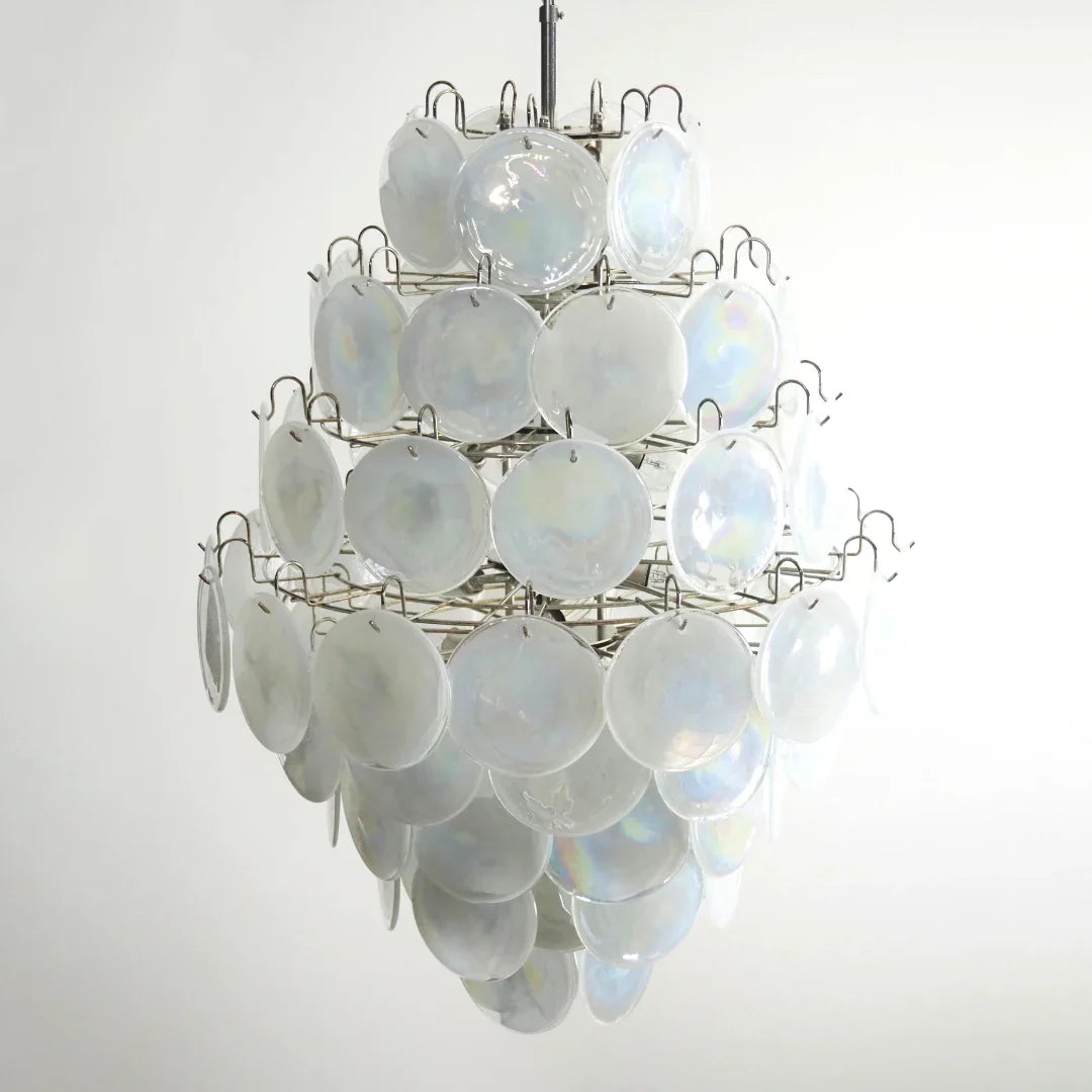 Huge Vintage Murano White Disks Chandelier 29.5"