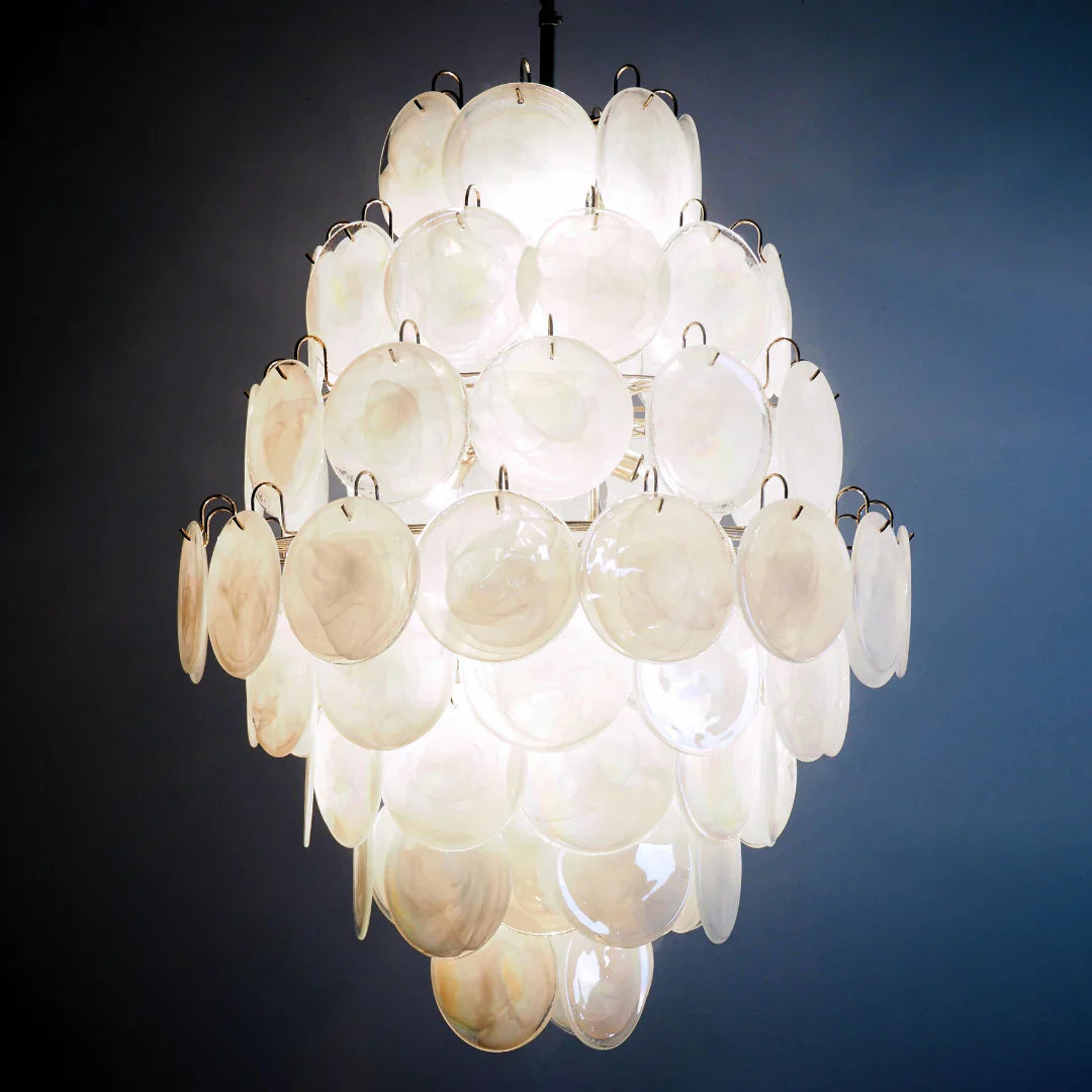 Huge Vintage Murano White Disks Chandelier 29.5"