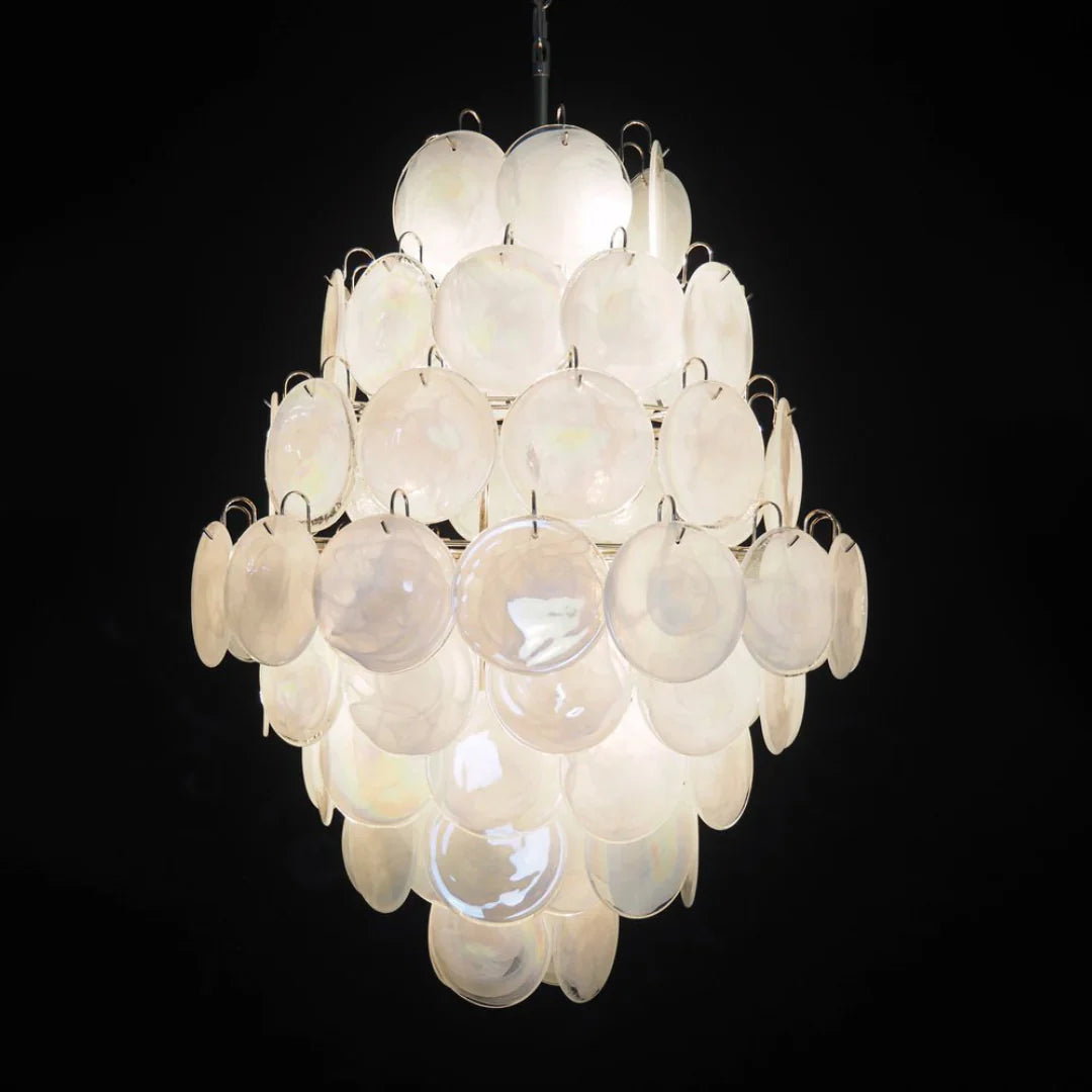 Huge Vintage Murano White Disks Chandelier 29.5"