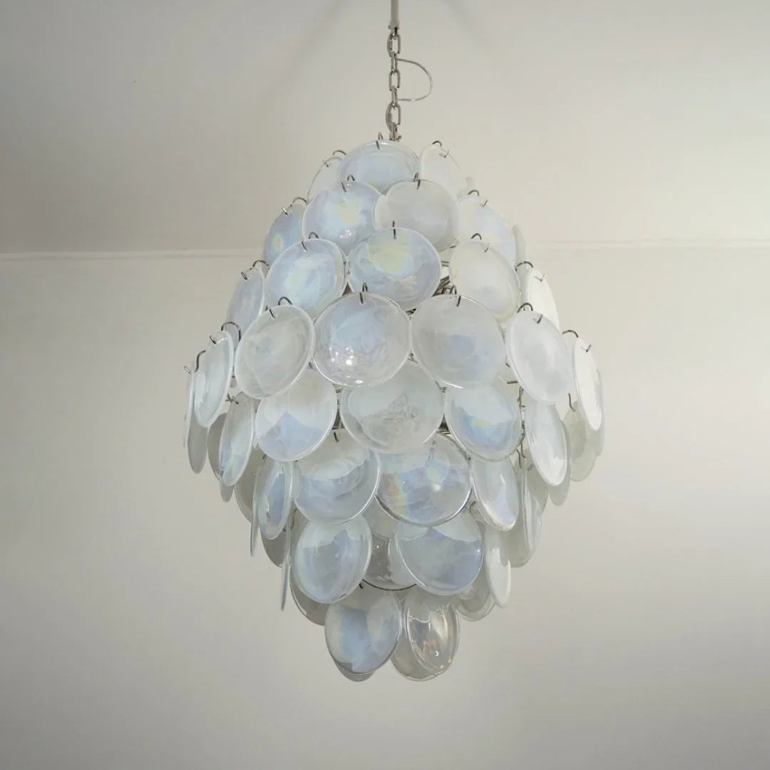 Huge Vintage Murano White Disks Chandelier 29.5"