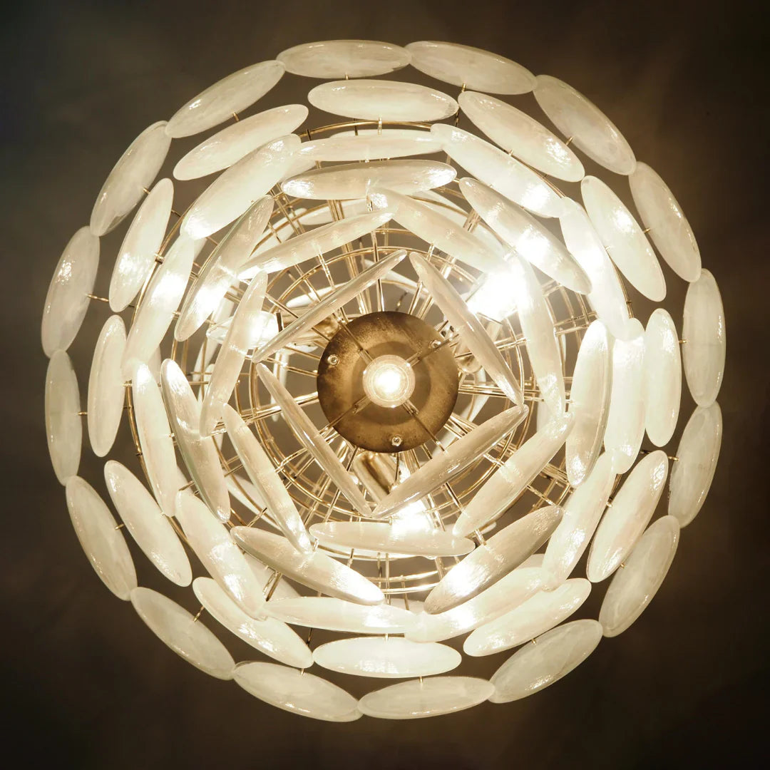 Huge Vintage Murano White Disks Chandelier 29.5"
