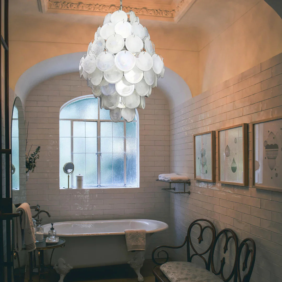 Huge Vintage Murano White Disks Chandelier 29.5"