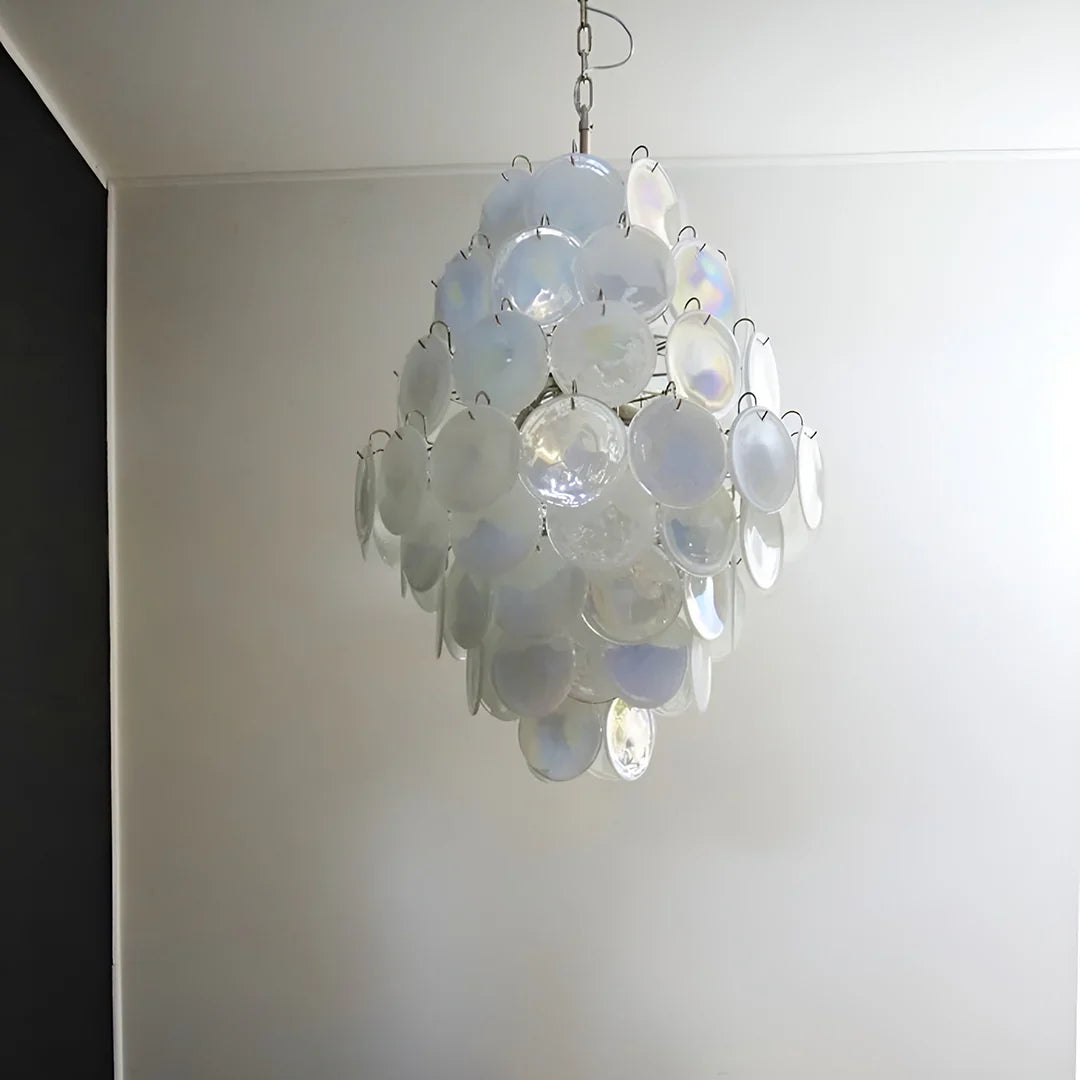 Huge Vintage Murano White Disks Chandelier 29.5"