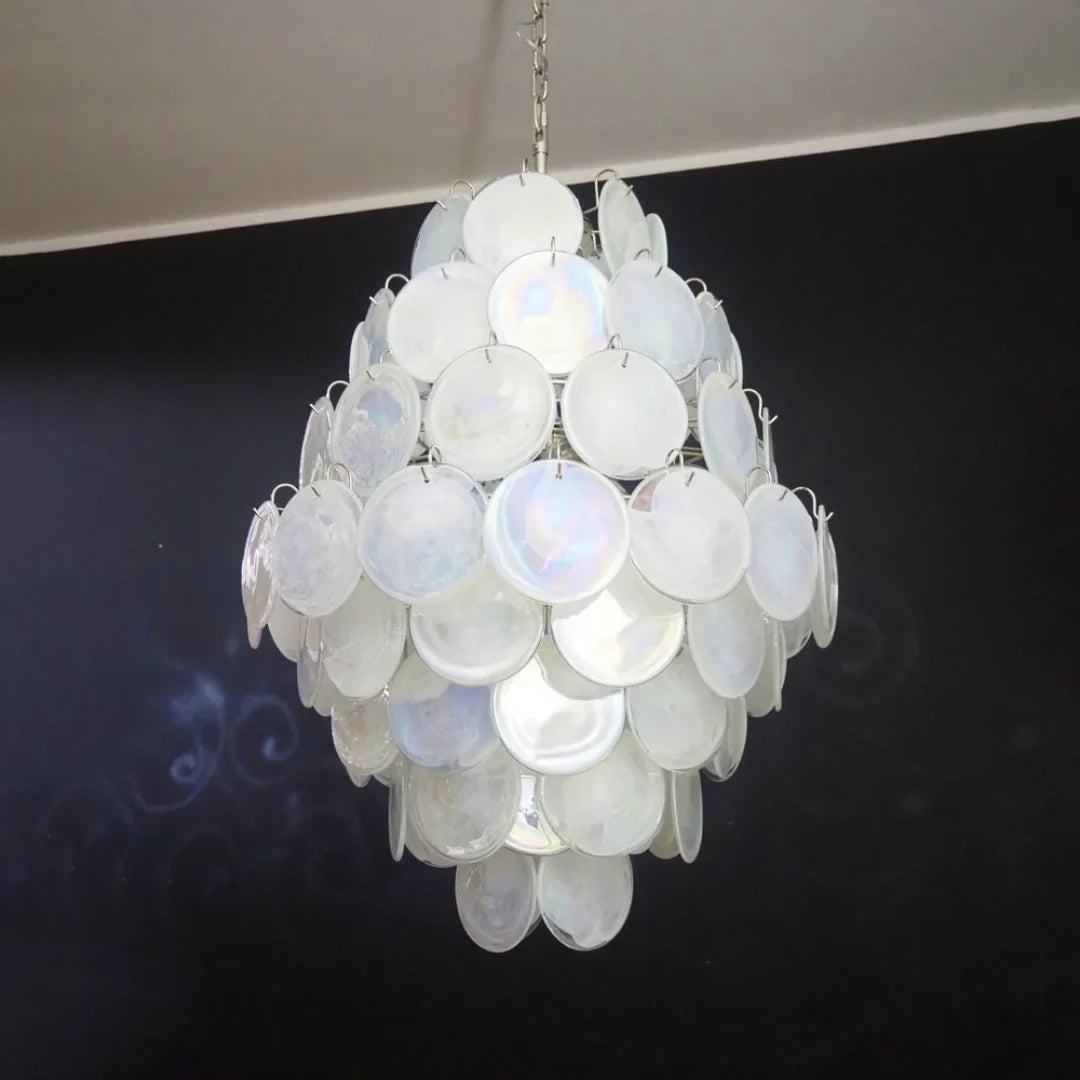 Huge Vintage Murano White Disks Chandelier 29.5"