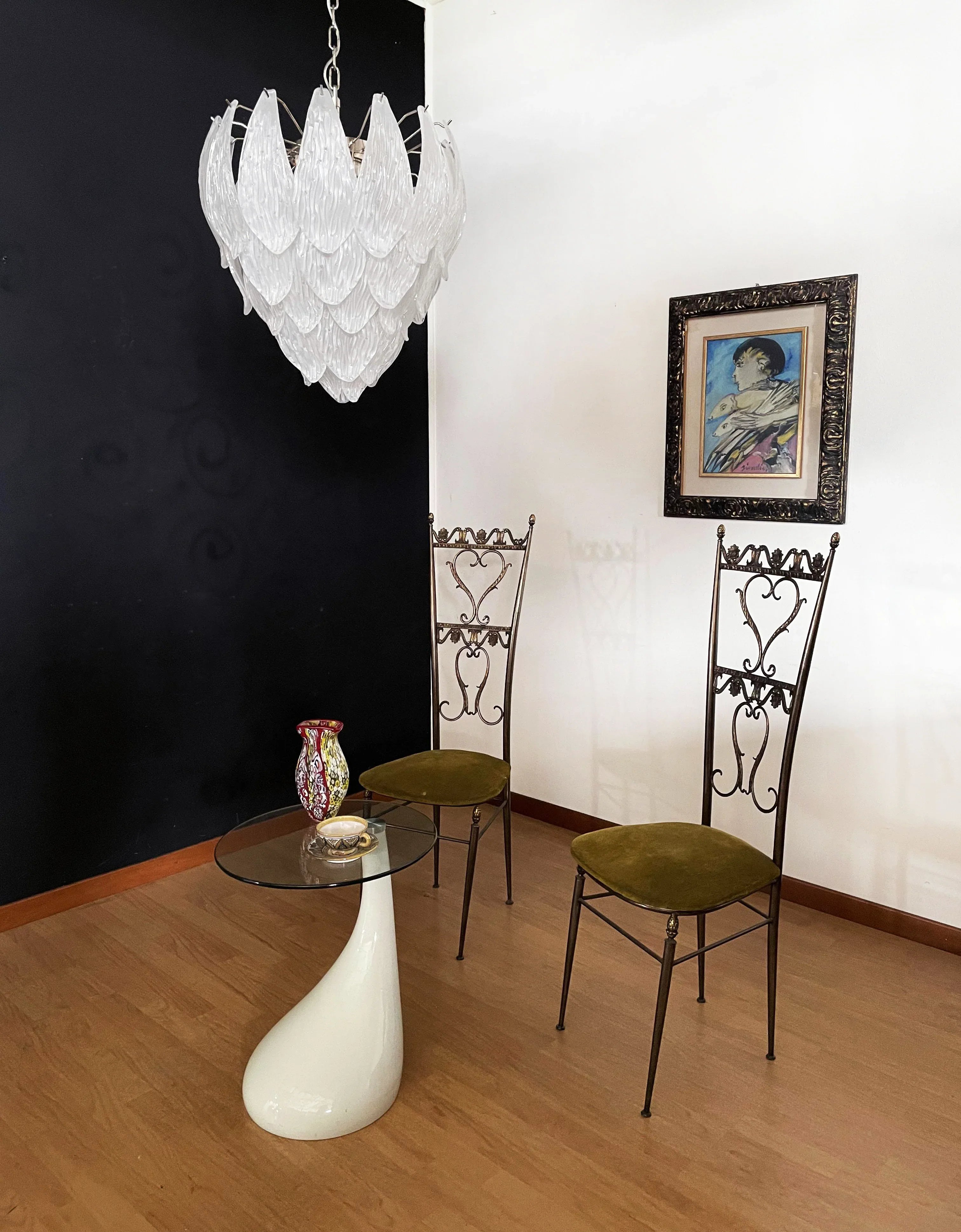 Murano Frosted Carved Glass Leaves Chandelier 21"