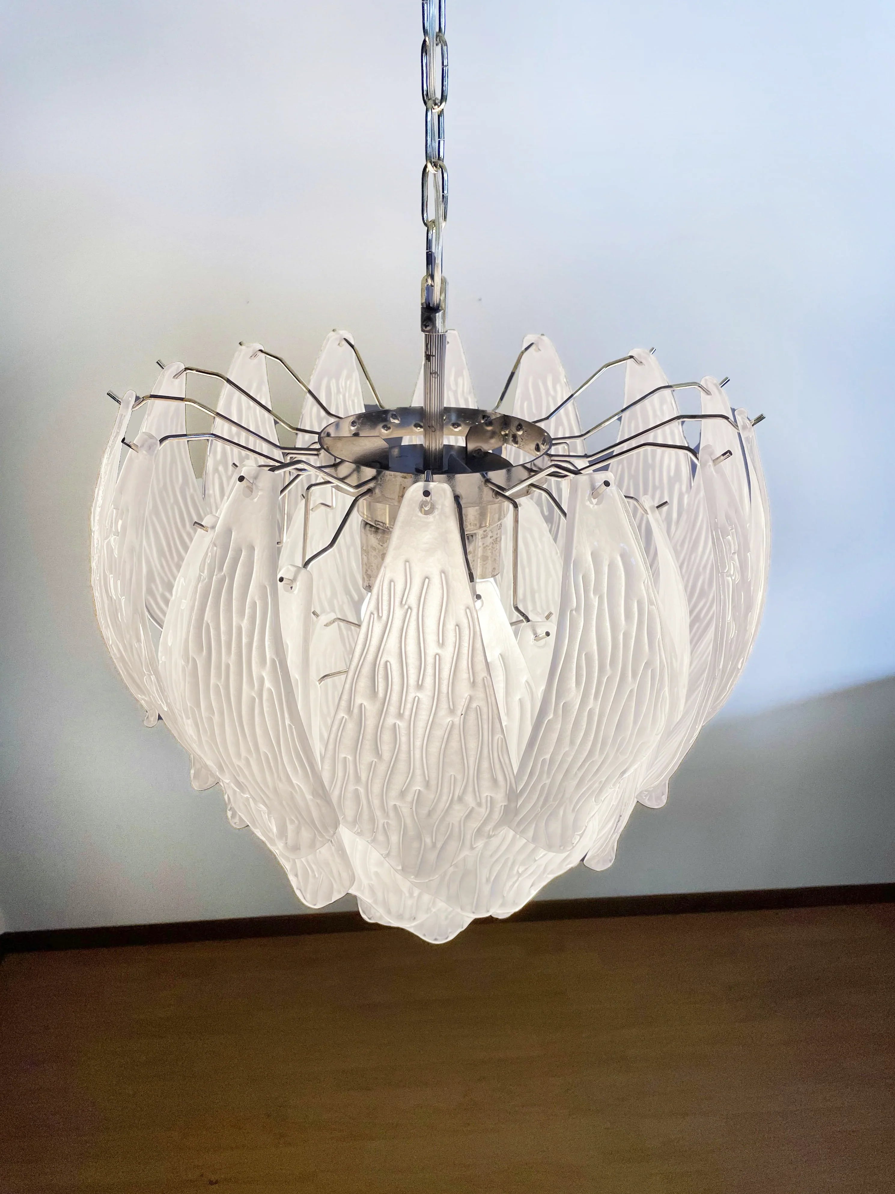 Murano Frosted Carved Glass Leaves Chandelier 21"