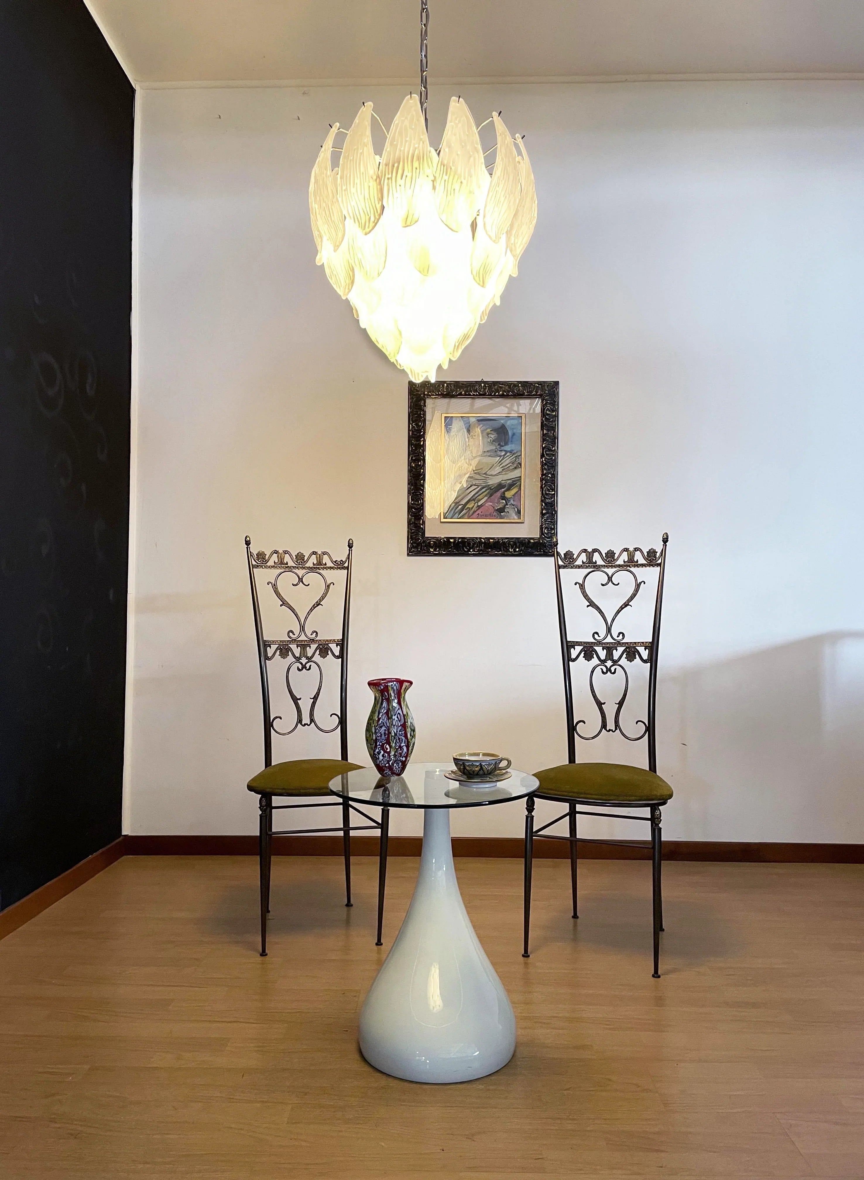 Murano Frosted Carved Glass Leaves Chandelier 21"