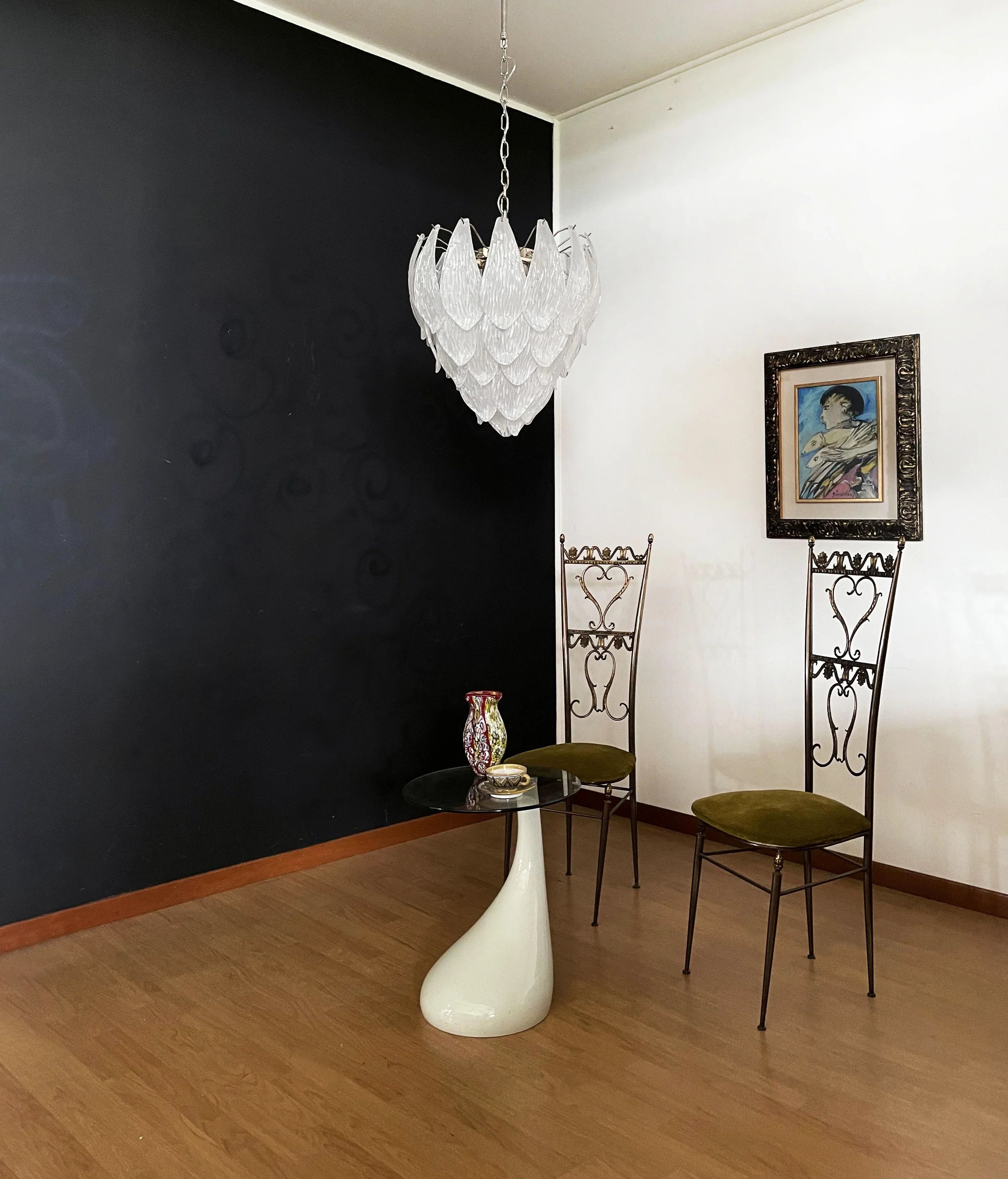 Murano Frosted Carved Glass Leaves Chandelier 21"