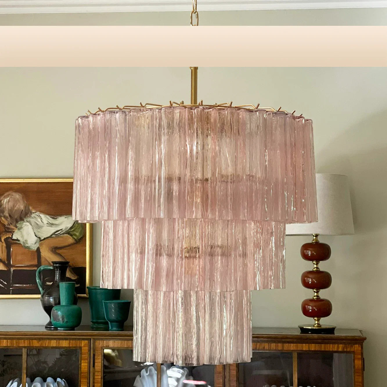 Murano Pink Glass Tube Chandelier 25.6"