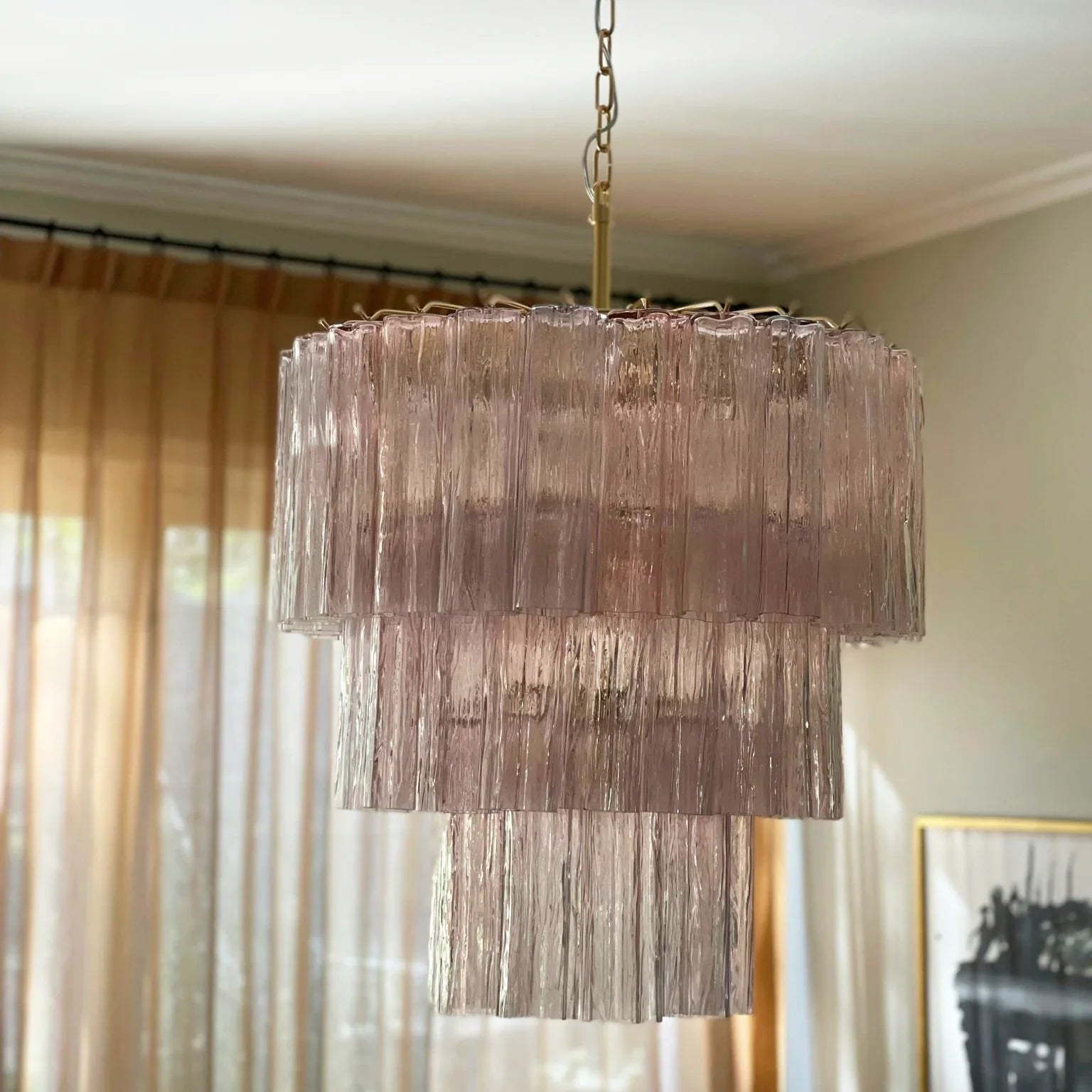Murano Pink Glass Tube Chandelier 25.6"