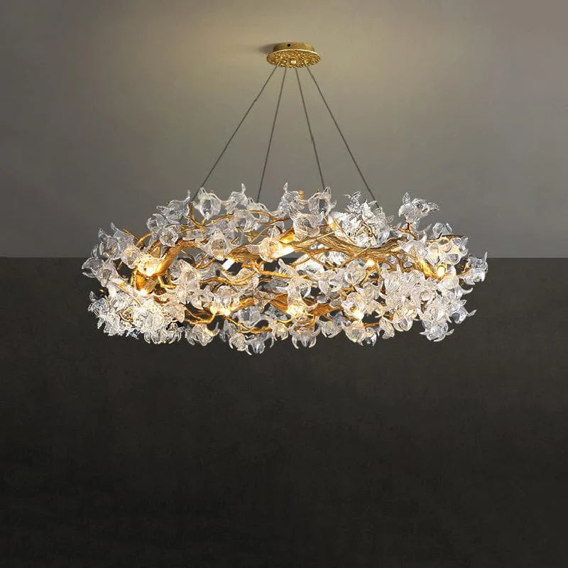 Petal Crystal Round Brass Branch Chandelier