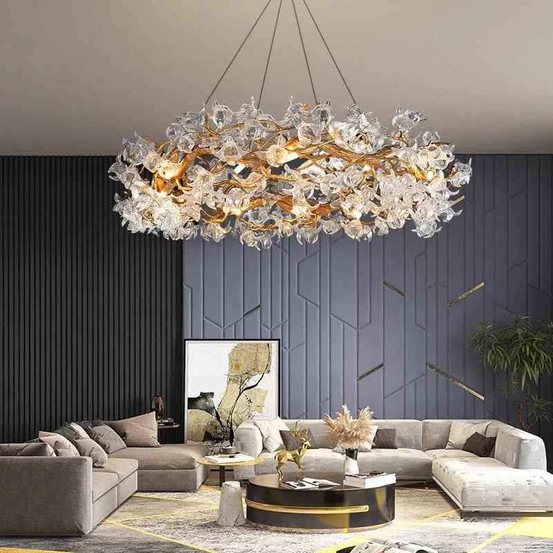 Petal Crystal Round Brass Branch Chandelier