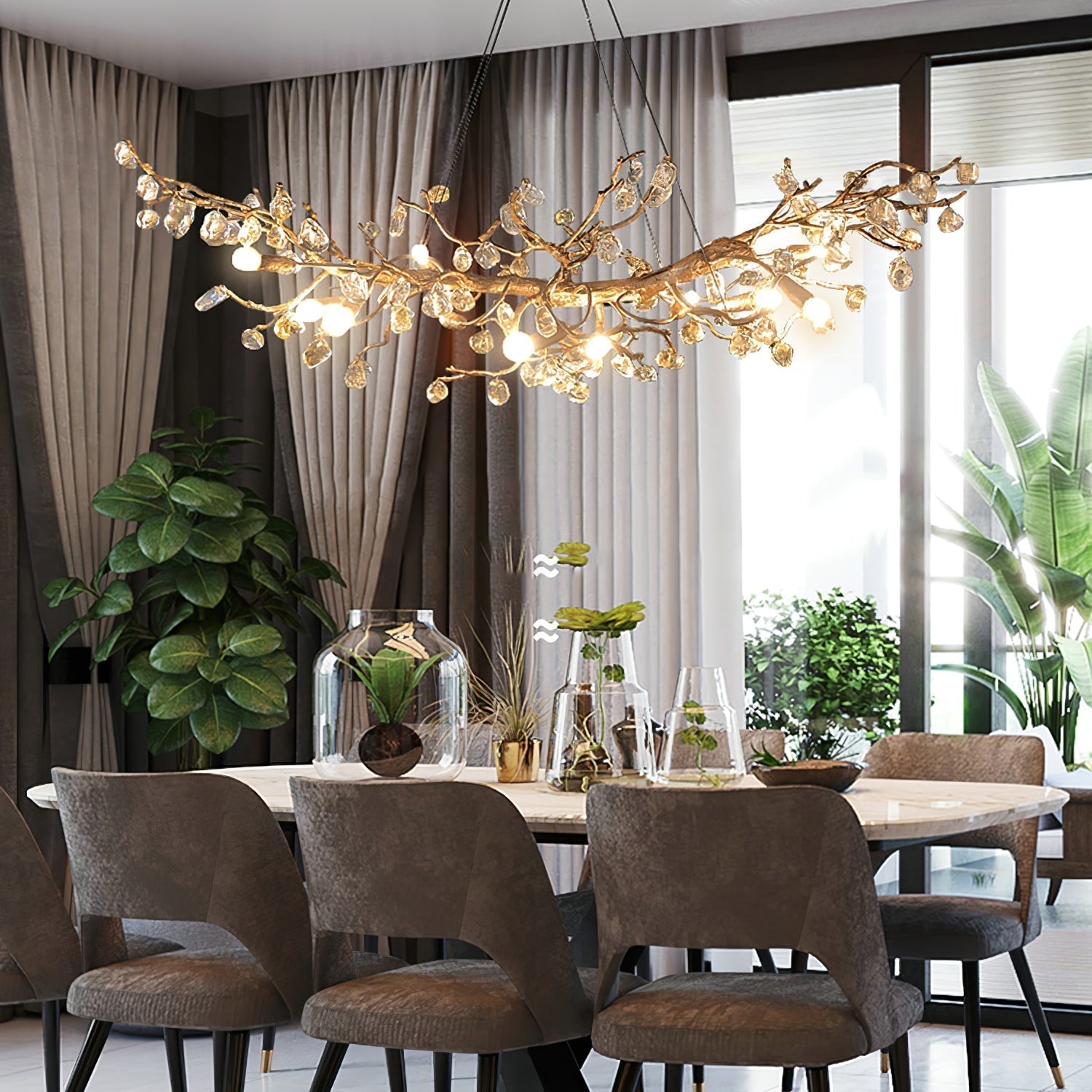Gold Leaf Crystal Brass Chandelier
